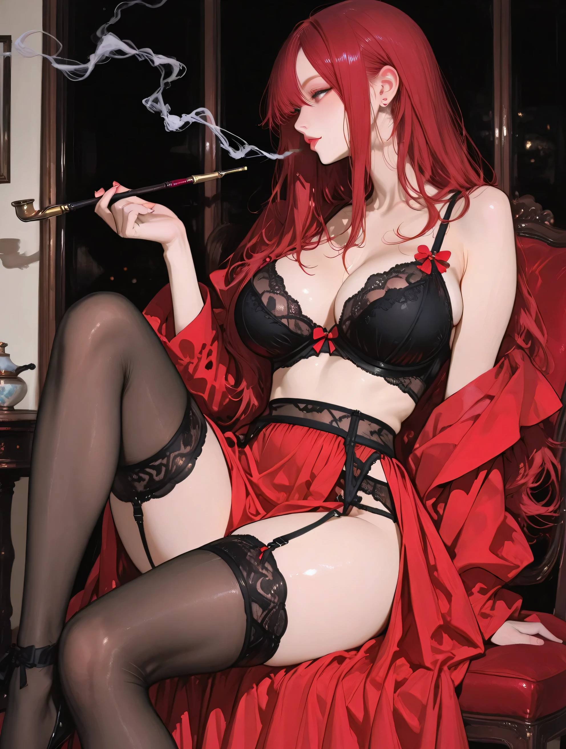 Smoking a pipe、((black garter belt))、Beautiful legs、Red suit dress、((red middle long skirt))、profile、glance、An old bar、big boobs、niece、cool、bra、