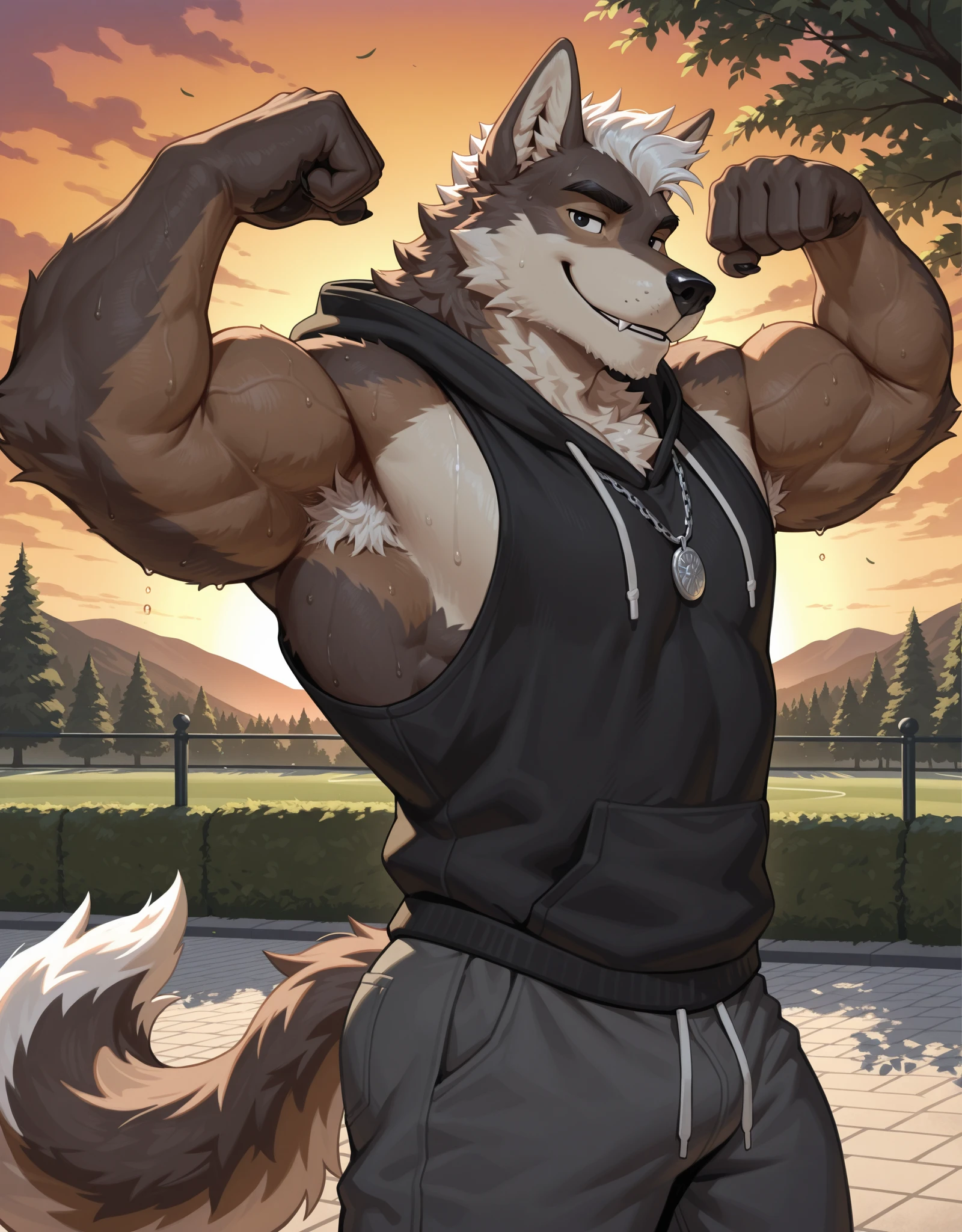 masterpiece, best quality, furry, wolf, handsome, masculine, sweaty, worker, bright pupils, bara, musk, musky, ,shorts, mid day, park, on field background 