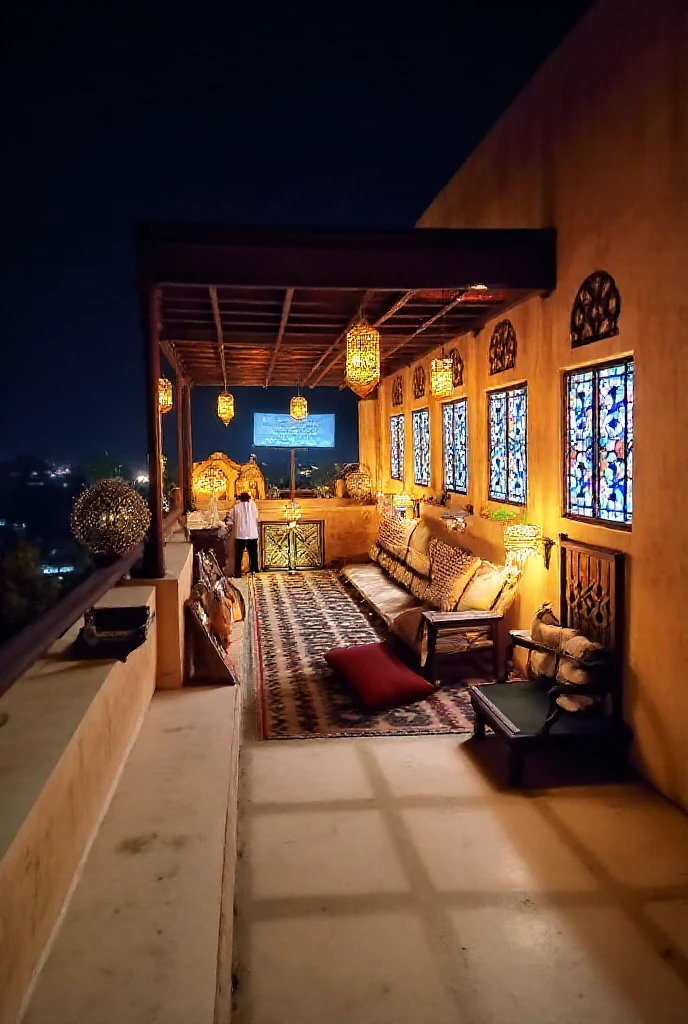 Night rooftop scene on top of Emir Taz Palace in Cairo, with a ...