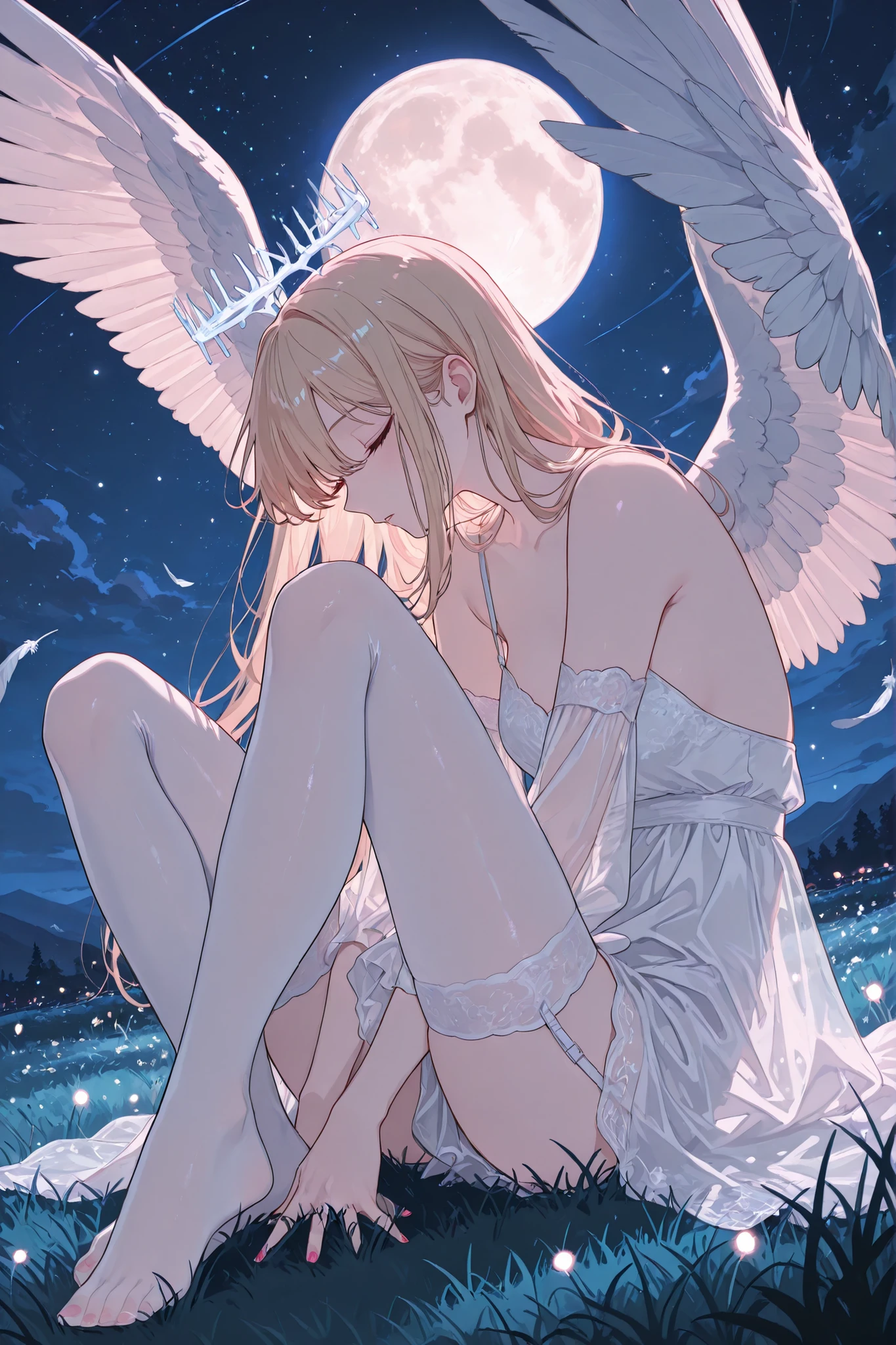 (masterpiece, best quality, ultra-detailed, Anime style, illustration, fantasy art) sight below, Outside: half-sideways, One hand between legs, she has a leg put forward (Knee-bent), 1 blonde , angel wings , hair develops in the wind, closed eyes, long lashes, Glass retina, light golden hair with soft pink tips, The ends of her hair are colored soft pink, hair develops in the wind , pale skin, Glass retina, slim body, white leather, sitting on grass in the park, Night, full moon, bare feet, a crown of glowing white stones, nimbus, hanging above her head, , fragile figure, eyes closed, eyes open lips, pink nail polish , toes, shine, best quality, she wears only light silk almost transparent fabric (plain almost transparent silk, white lace), white almost transparent stockings (garter stockings), clavicles bare shoulders bare, Glass retina, fireflies and magic lights, , sight below, sight below, without clothes, is shy, profile, focus on the eyes, Retinal details, narrow black oblong pupils, darkness reigns around, white feathers, lots of white feathers, white feathers падают сверху, rays shine from above, Outside