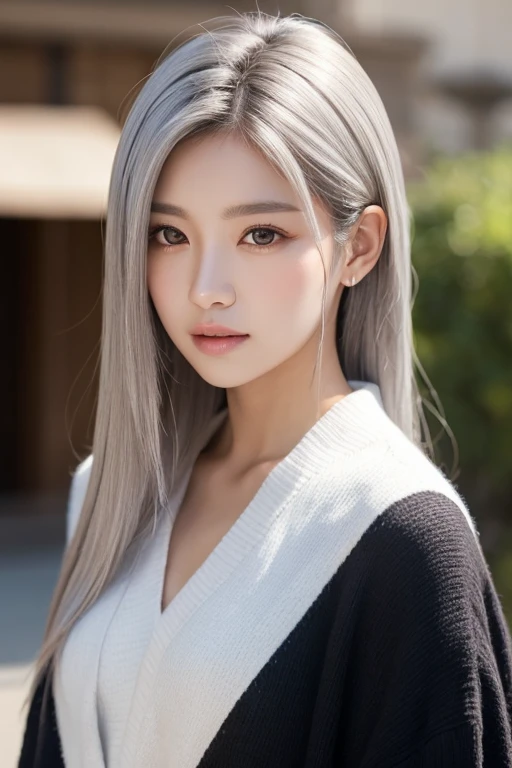 Shining, clear, white skin、Her windblown silver hair hides her beautiful face.、huge、Sexy beautiful face of 28 years old、Beautiful straight hair that stands out、growing up, Sparkling light blue eyes、Sexy long silky bangs covering the eyes, Sexy young woman with super long hair hiding her sexy face、Shining silver hair、(((Sexy Woman)))