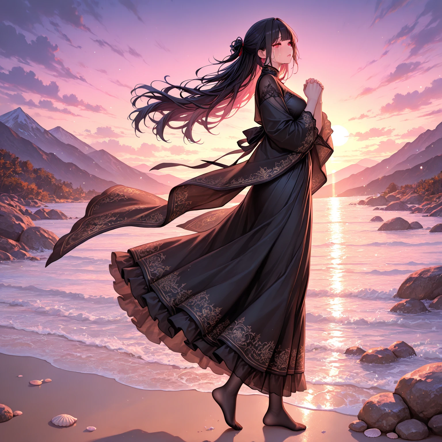 Realistic landscape、The sun is half hidden by the clouds、Cloudy winter sky、Clouds are torn apart、wood々is shaking、Back view、The woman's face is not visible、All black mourning clothes、lipstick、Long hair tied up、Long skirt