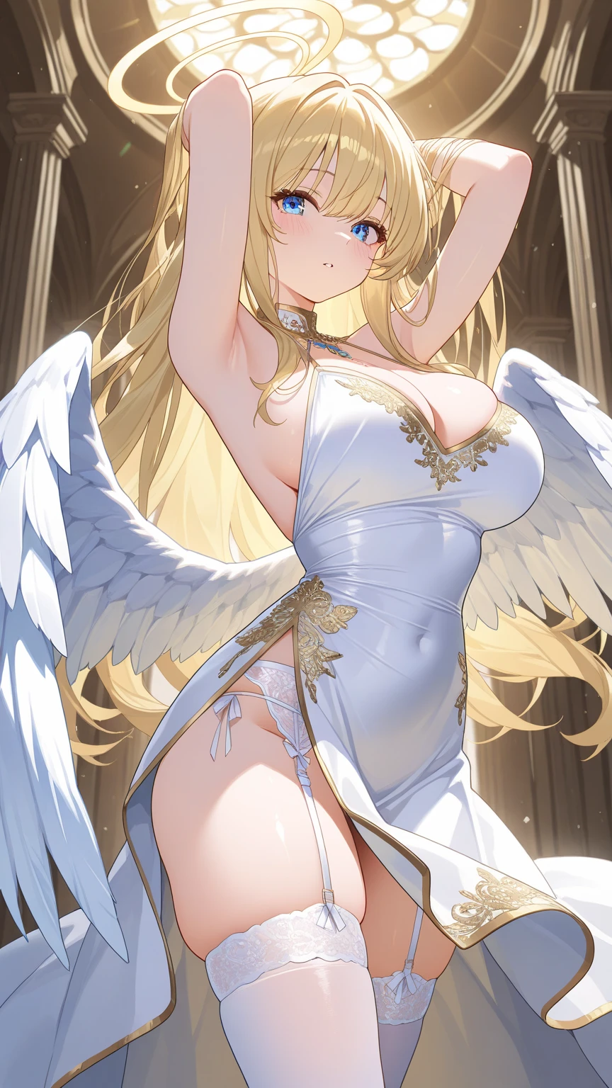 One priestess,Valkyrie,Angel Wings,belly button,Side bust,Complex,Particles of light,Thighs,Shiny skin, 口を開けたsmile、Plump、Perfect lighting, One girl, View your viewers,Winged hat,Pelvic Curtain, smile,(masterpiece), (Highest quality), Very , maternal, Porcelain-like skin, Honey Blonde Hair, Very long hair, Wavy Hair