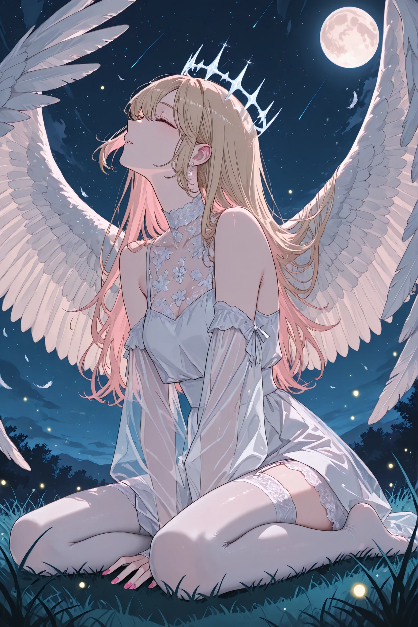 (masterpiece, best quality, ultra-detailed, Anime style, illustration, fantasy art) sight below, Outside: half-sideways, One hand between legs, she has a leg put forward (Knee-bent), 1 blonde , angel wings , hair develops in the wind, closed eyes, long lashes, Glass retina, light golden hair with soft pink tips, The ends of her hair are colored soft pink, hair develops in the wind , pale skin, Glass retina, slim body, white leather, sitting on grass in the park, Night, full moon, bare feet, a crown of glowing white stones, nimbus, hanging above her head, , fragile figure, eyes closed, eyes open lips, pink nail polish , toes, shine, best quality, she wears only light silk almost transparent fabric (plain almost transparent silk, white lace), white almost transparent stockings (garter stockings), clavicles bare shoulders bare, Glass retina, fireflies and magic lights, , sight below, sight below, without clothes, is shy, profile, focus on the eyes, Retinal details, narrow black oblong pupils, darkness reigns around, white feathers, lots of white feathers, white feathers падают сверху, rays shine from above, Outside