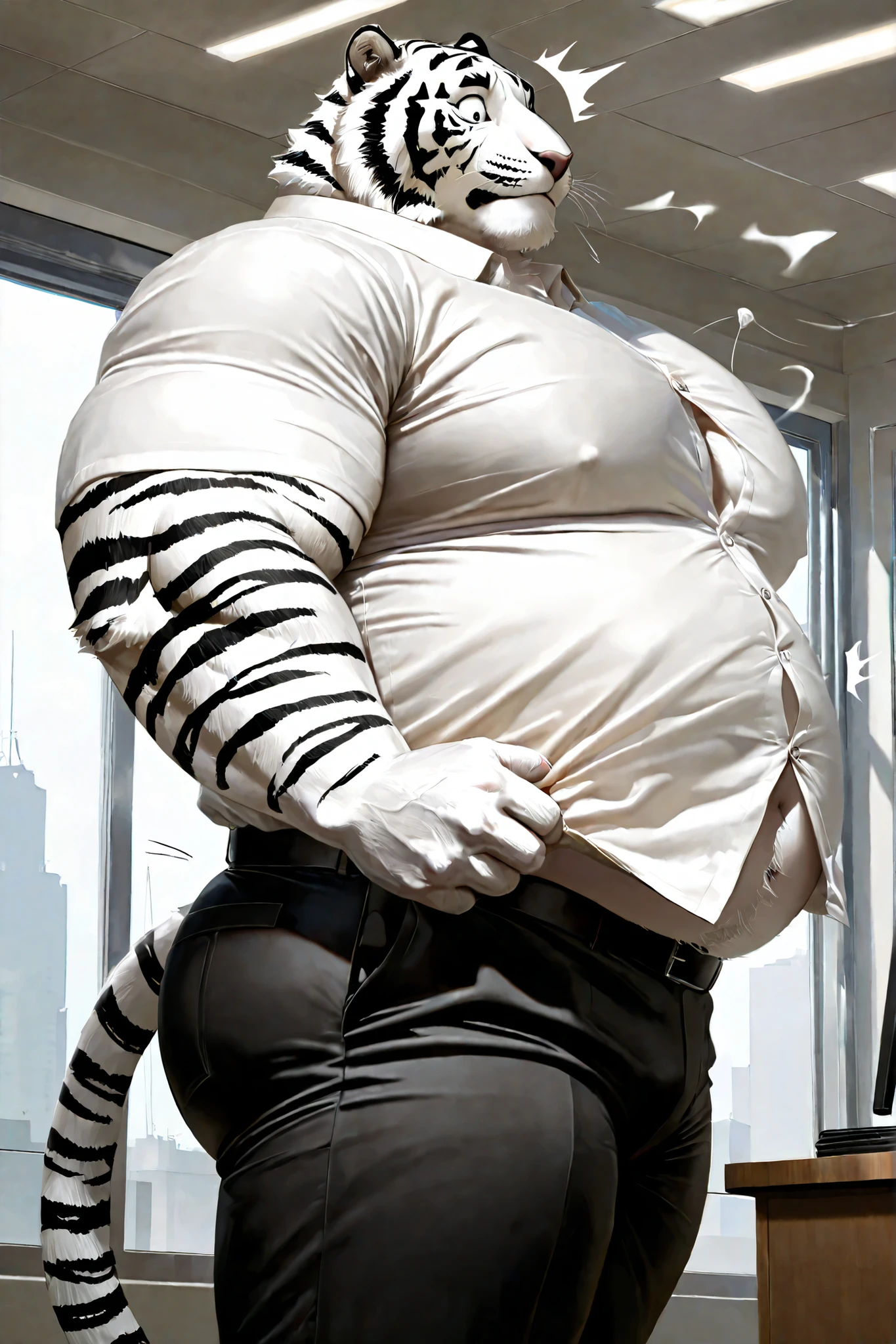 Male, white tiger, detailed skin, black eyes, tail, bara, older, (fat, chubby), (large pecs, thick arms, thick legs), (solo boy), big butt:1.4, standing, looking at down, surprised:0.5, closed mouth, (wearing a white work shirt, black pants, shirt button pop, barely visible belly), office, window, metropolis, side view:1.6, realistic, photorealistic fur, 8k, HD