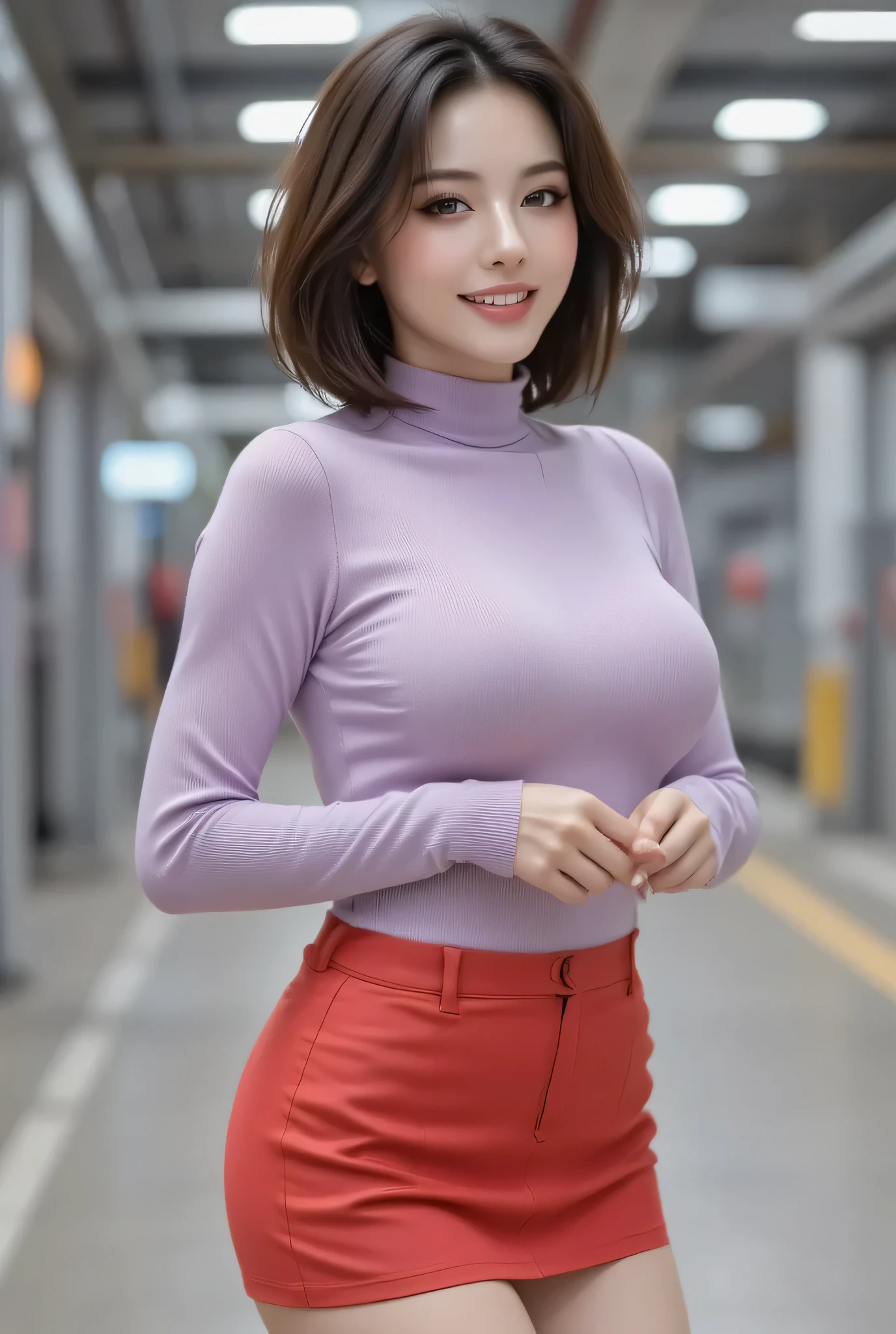 Japanese Mature woman standing on underground space. Lilac turtleneck sweater embracing voluptuous chest, bright red tight mini skirt emphasizing healthy thighs. Glossy brown short hair flowing elegantly, long eyelashes and double eyelids, captivating brown eyes prominent. Charming smile revealing white teeth while gazing at viewer. Beautiful legs enhanced by stockings. Ultra-high definition photorealistic expression.