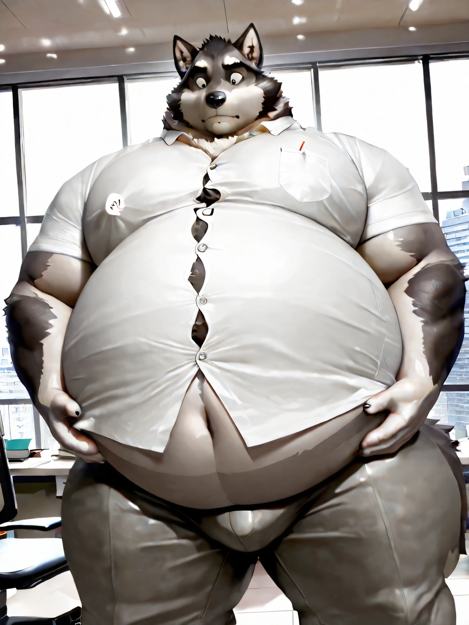 3D,Male, furry male wolf, fur, detailed skin, black eyes, tail, bara, older, (fat, chubby), (large pecs, thick arms, thick legs), (solo boy), big butt:1.4, standing, looking at down, surprised:0.5, closed mouth, (wearing a white work shirt, gray pants, shirt button pop, barely visible belly), office, window, metropolis, realistic, photorealistic fur, 8k, HD,hige pecs,huge belly,bulge,we,belly inflation