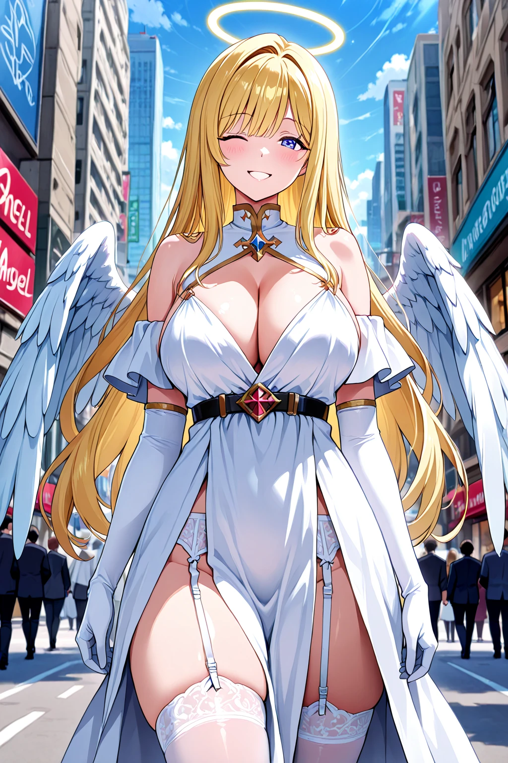 Anime. 1 Girl. Cute girl. Angel. Slave. Blonde. Long hair. Blue eyes. Beautiful eyes. Perfect eyes. Expressive eyes. Ideal face. Snotty nose. 16 years. ???????????. Beautiful ???????. Pointy ears. She's having her period. Her ?????? is bleeding. There is a small red stain of menstrual blood on the panties. Menstrual blood flows down the thighs. Ideal anatomical body. Beautiful long legs. The whole body is covered with scars. Angel wings. White wings. Dirty tunic. Torn tunic. dirty panties. Torn panties. Barefoot. Slave collar. ????????. Standing. Full height. Fantasy. City. Street. Many people. Beautiful character design. Shiny skin. Full body. ????. ????. Official art. Extremely detailed CG Unity 8k wallpaper. Ideal lighting. Ultra high resolution 4K. Super detailed 8K. A high resolution.