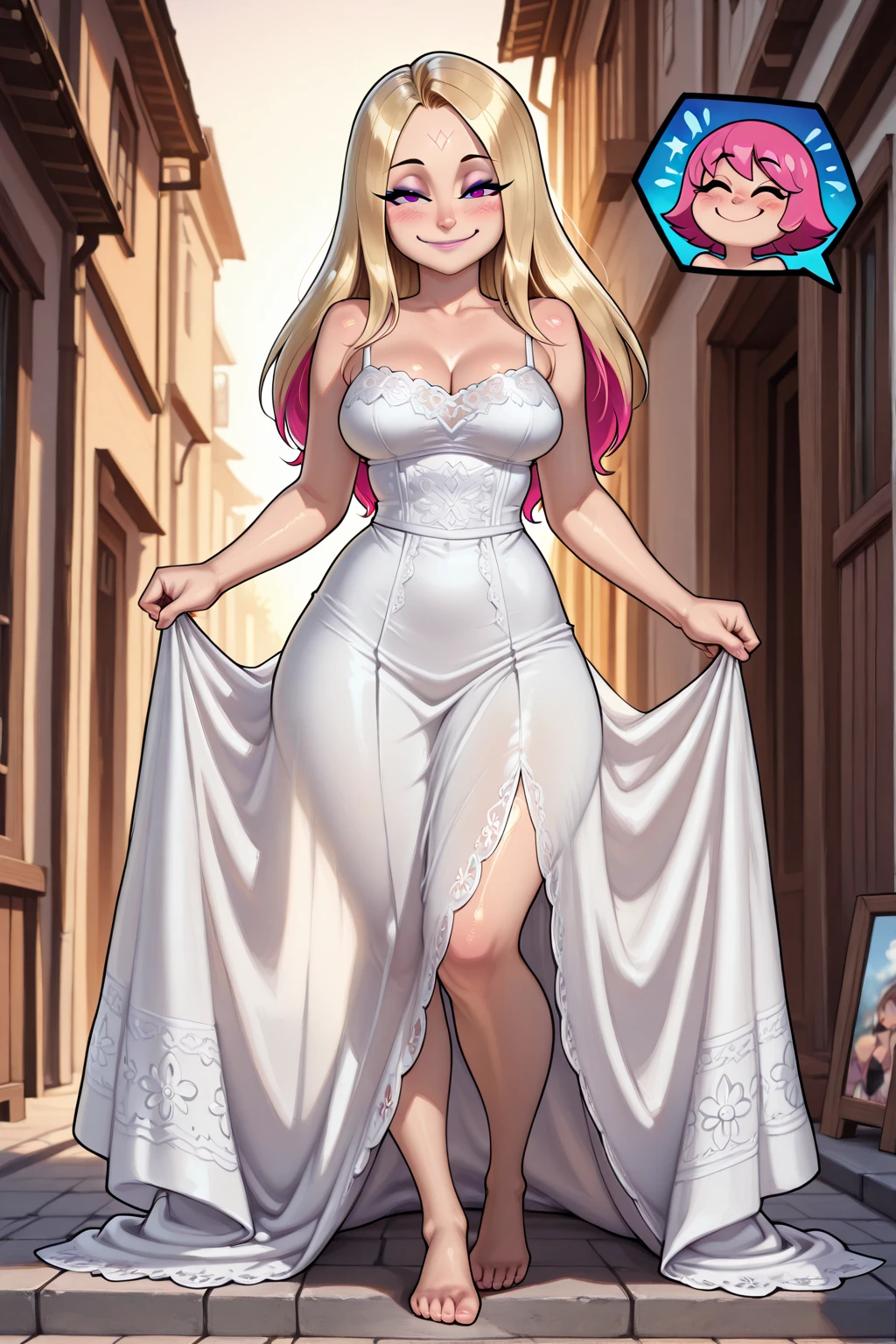 An extremely beautiful stunning woman with a perfect busty body, gold blonde long silky hair, big blue eyes, extremely super bright snow white fair stunning flawless glowing lush shiny flawless white skin, a perfect tight hourglass figure, and a skinny waist,  thick smooth luscious legs and thighs, extremely cute smile on the face, bright pink blushes on cheeks, wearing a short revealing sky-blue floral dress along, a pink sash around the waist and a brown off-shoulder sweater, yellow heels, gold necklace on the neck, gold anklets on feet, gold chain on the waist, standing straight, holding a red roses bouquet, street in the background, show full body from head to feet.
