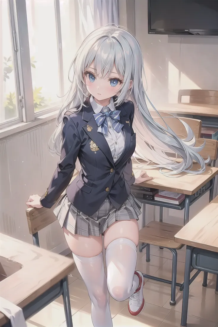 masterpiece:1.3、ultra high resolution:1.3、Beautiful woman、alone、G cup、long hair、two tone hair、beautiful silver hair、sexual excitement、erotic、blush、real moist skin、Stuffy、wet、cute、fashion、uniform、blazer、shirt、skirt、tie、Haori:1.3、outdoors、machine、summer、hand、feet、shoes