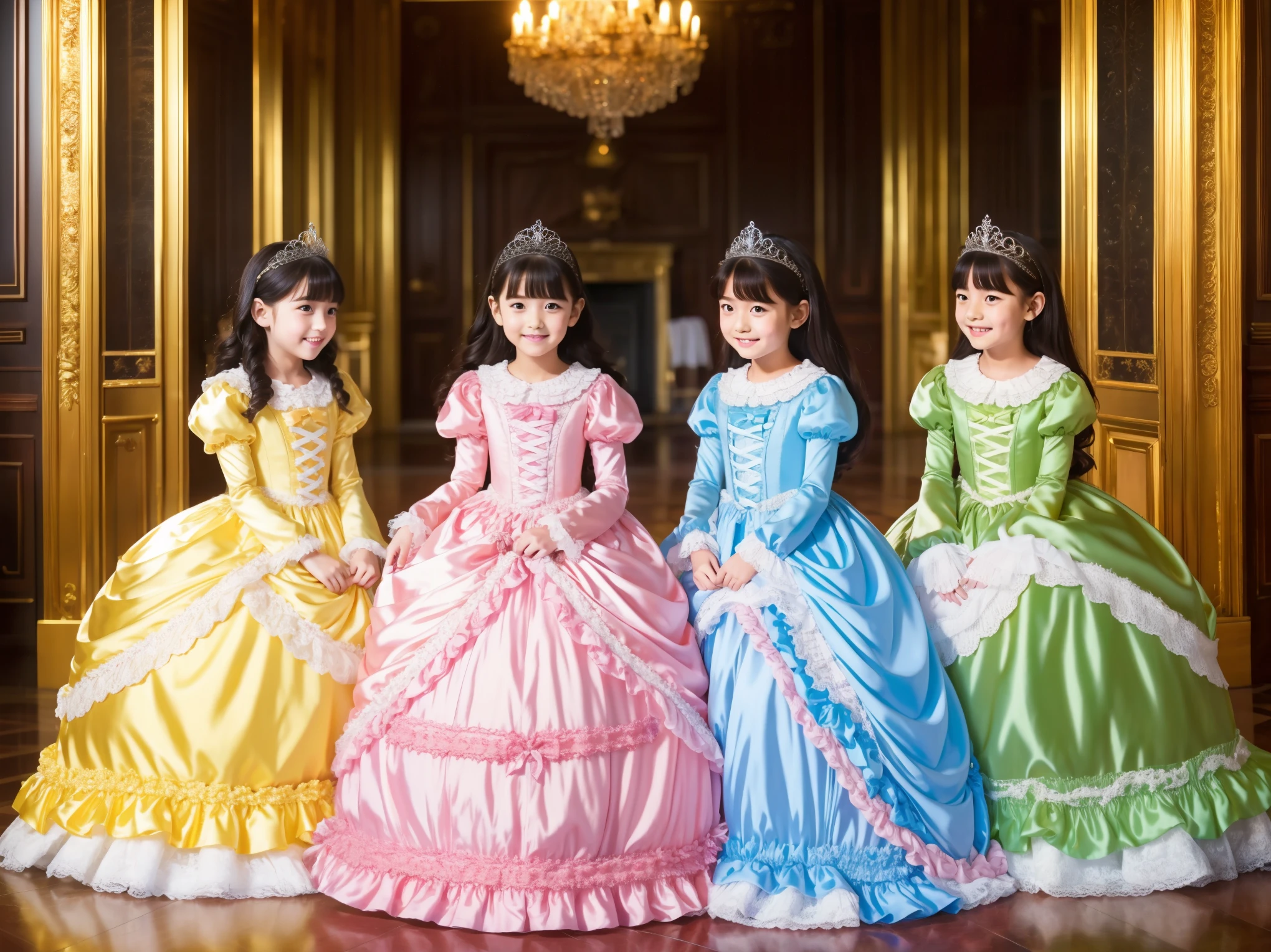 ((Distant view,Full Body:1.0)),Highest Quality, masterpiece, highest resolution, art work, super それにget used to it, many get used to it, get used to it, それにget used to it, 3k photos,,3 Princesses,Princess Pastel Silk Satin Victorian Ball Gown Dress. ((10 Year Old Japanese Girls:Short Height)),super fine young face,,lovely smile,baby-like face,is short,long sleeve,puff sleeve,Ruffled yoke collar,the dress is decorated with lots of frills and bows.,(((straight long hair))),they wear princess tiaras on their heads,In a gorgeous European rococo palace,Detailed Background,