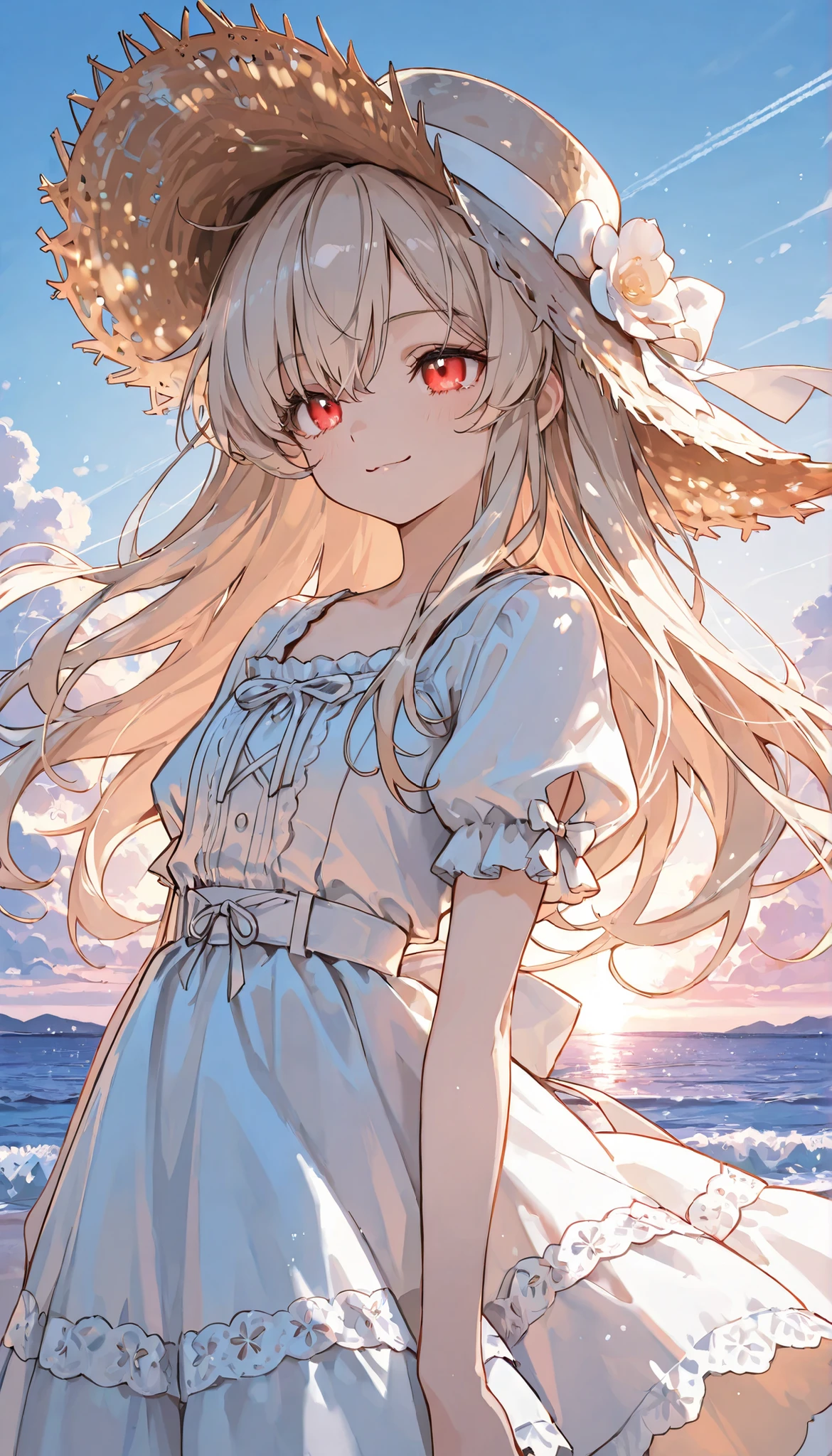 Very detailed、masterpiece、Highest Quality, high quality, high resolution, (masterpiece:1.2), bright color, Idol , 1girl,solo , intense motion blur, anime style, ultra sharp, Central composition, smooth shading, soft lights, , Glossy, Highest Quality, Highest Qualityの, high resolution, exquisite, 8K image, masterpiece, perfect face, Clear Line,bright skin, 1girl, solo, Beautiful Fantasy Anime, cool light --ar 3:2, perfect lighting、sleepy eyes, Perfect Eyes, Red Eyes, perfect face, soft smile, Platinum Blonde Hair、Hair Above Eyes, flat chest, dress,Straw Hat,、 Lots of delicate decorations on clothes , Vintage Style, Wide Shot, Coast Background、Straw Hatを押さえているポーズ、hair that flutters in the wind