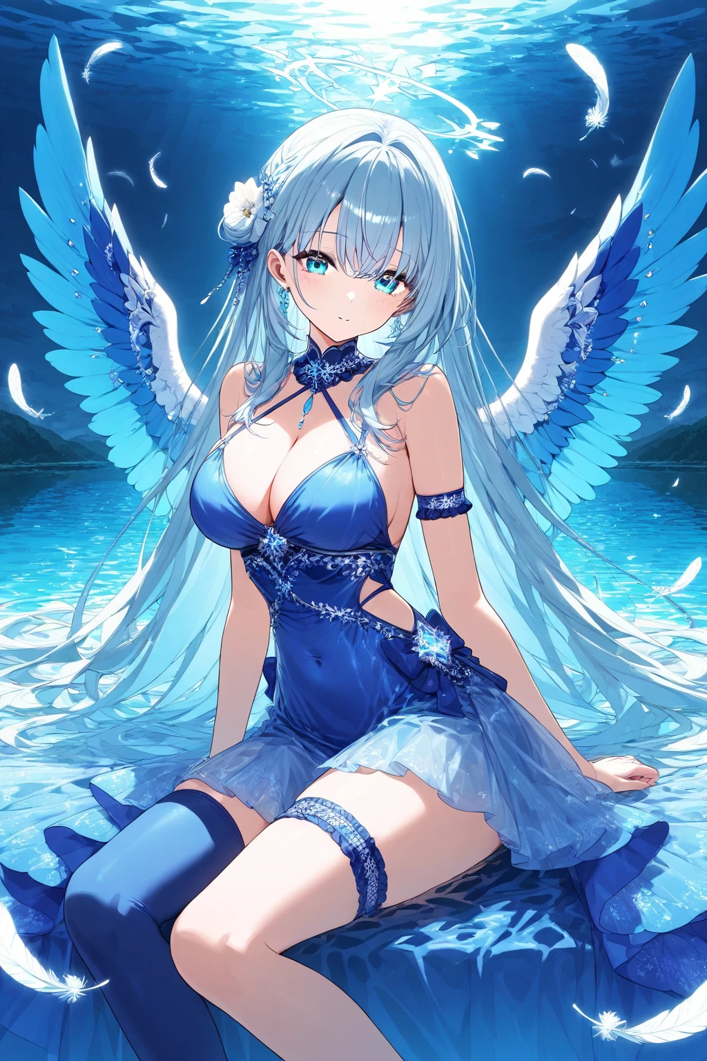 The character in this image is an animated female with long, deep blue hair adorned with flower-like accessories. She has striking violet eyes that stand out against her hair. She is wearing a sleeveless white dress with gold and blue trim, featuring nautical-inspired details such as anchor motifs and a ship's wheel. She has various badges or medals on her chest, indicating achievements or rank. The character is accessorized with wrist cuffs, a single arm sleeve on her left arm, multiple necklaces, and a prominent black belt with a star emblem. She is sitting on a fragment of a ship, with one hand behind her head and the other resting on her raised knee. She has large, white feathered wings emerging from her back, giving her a celestial or angelic appearance. The character is wearing black strapped heels with blue details, matching the overall color scheme. The background depicts a dynamic oceanic scene with splashing waves, seagulls, and flying ship fragments, emphasizing a maritime theme. Despite the chaos in the background, the character maintains a serene expression with a slight smile, exuding a sense of calm and composure. Overall, this character embodies a blend of elegance, strength, and a touch of fantasy, with a focus on nautical or celestial elements.