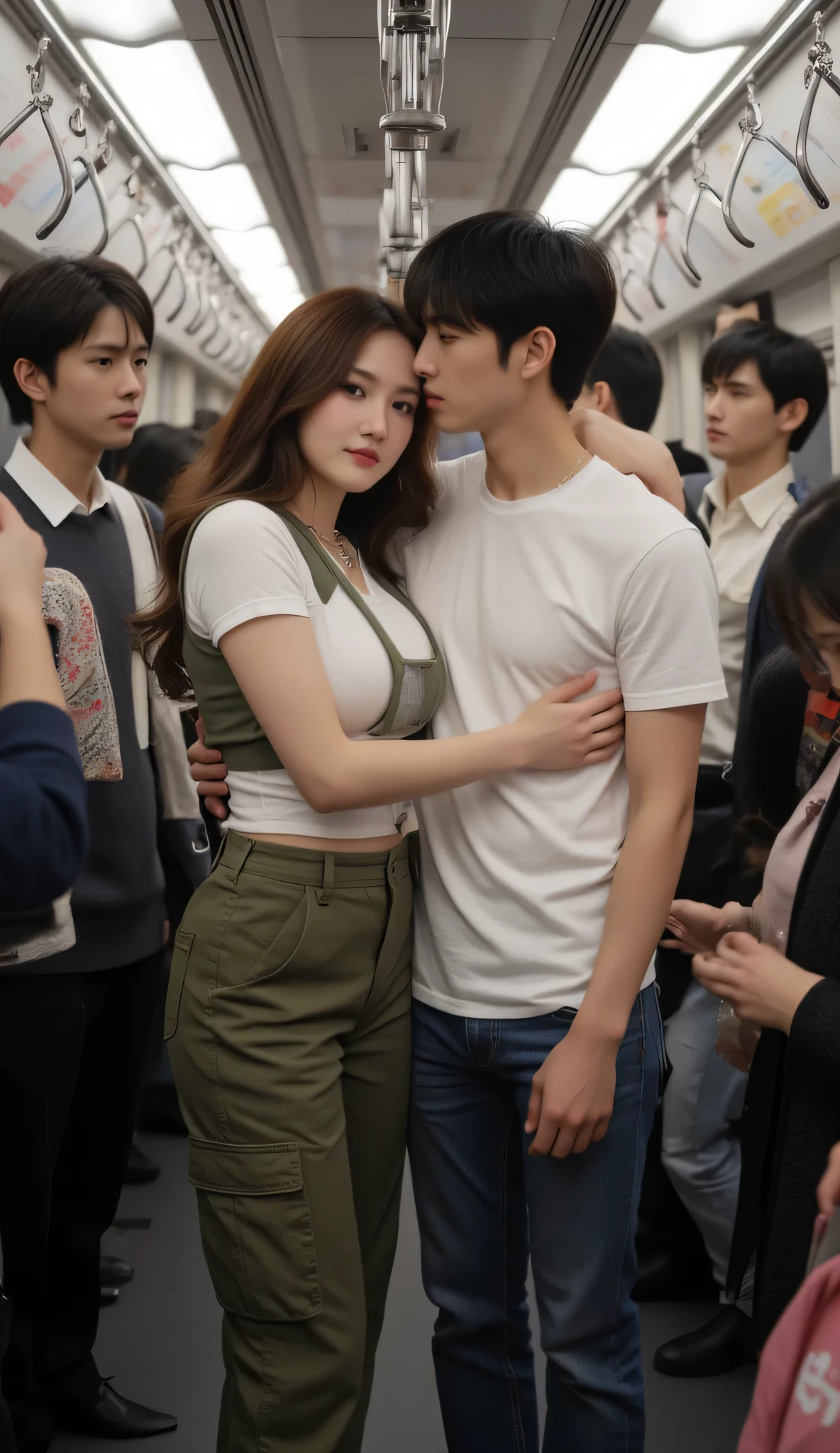 The crowded and crowded atmosphere of the Japanese subway cars, passenger stands in a row while holding a handle hanger above. In between the passengers stood there was a beautiful woman about 40 years old, He is proportionally tall, dressed sensually like a model, wears a white tight T-shirt and an army green vest, wearing army green cargo pants, ukuran dada F40, wavy long hair. Her body is hugged by a handsome young man, who stands in a row at a distance, this young man age 25 wearing a plain t-shirt, tubuh atletis, dan celana denim. A large woman's chest is attached to the chest of this young man. Kamera candid, the photo was taken from the shoulder of the passenger, medium shot close up, realistis, 4K.