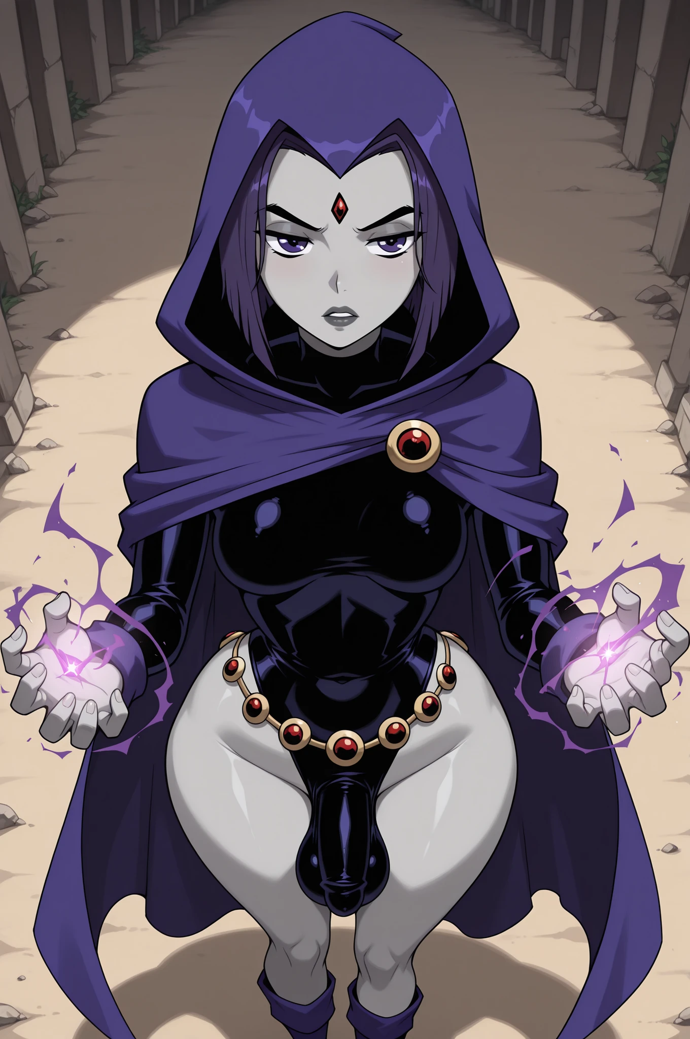 raventt, 1girl, grey skin, solo, purple cape, purple eyes, purple hair, forehead jewel, short hair, cloak, hood, leotard, belt,(masterpiece,best quality,ultra_detailed,highres,absurdres:1.2,amazing quality,very aesthetic), raven from teentitans, young woman, (futanari), medium breasts,(wide hips:1.2), (thick thighs), huge ass, (above view), dark purple hair, dark grey lips, dark purple eyes,  (wide mage action stance:1.3), grey skin, red forehead jewel, (veiny huge futanari crotch bulge),flaccid crotch bulge,(penis on testicles bulge:1), large testicle bulge, (jewel belt), relaxed expression, (casting black magic), 
