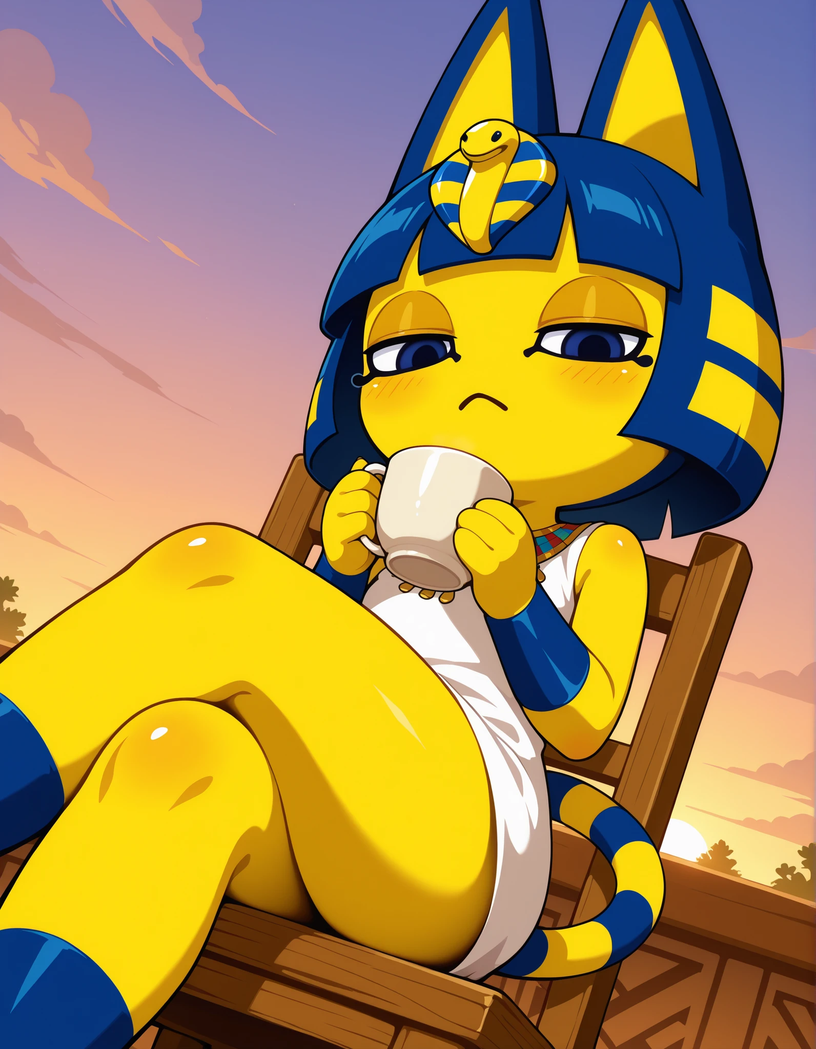 source_furry,ankha (animal crossing), close up, anthro furry,solo, (short white dress), sitting on chair, long striped tail, looking at viewer, half closed eyes, (dynamic angle), (dutch angle), (outdoors), terrasse background, holding a cup of tea, crossed legs