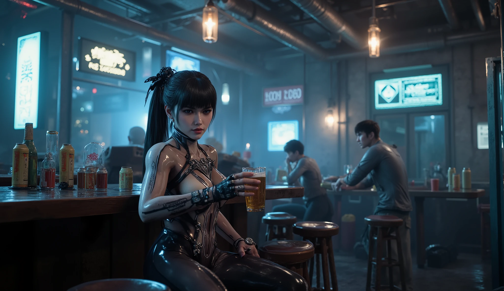 Eve from StellarBlade drinks a beer in a bar
