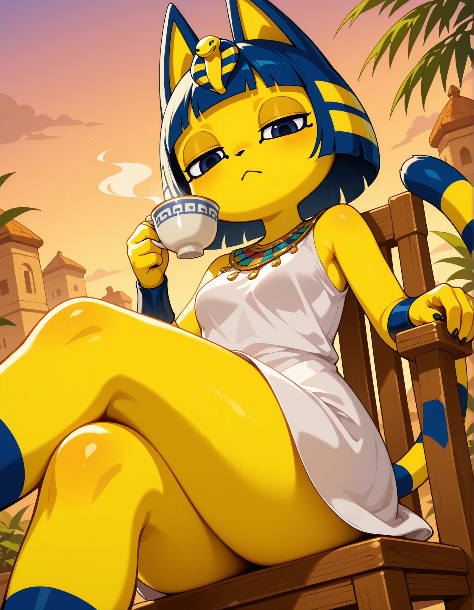 source_furry,ankha (animal crossing), close up, anthro furry,solo, (short white dress), sitting on chair, long striped tail, looking at viewer, half closed eyes, (dynamic angle), (dutch angle), (outdoors), terrasse background, holding a cup of tea, crossed legs