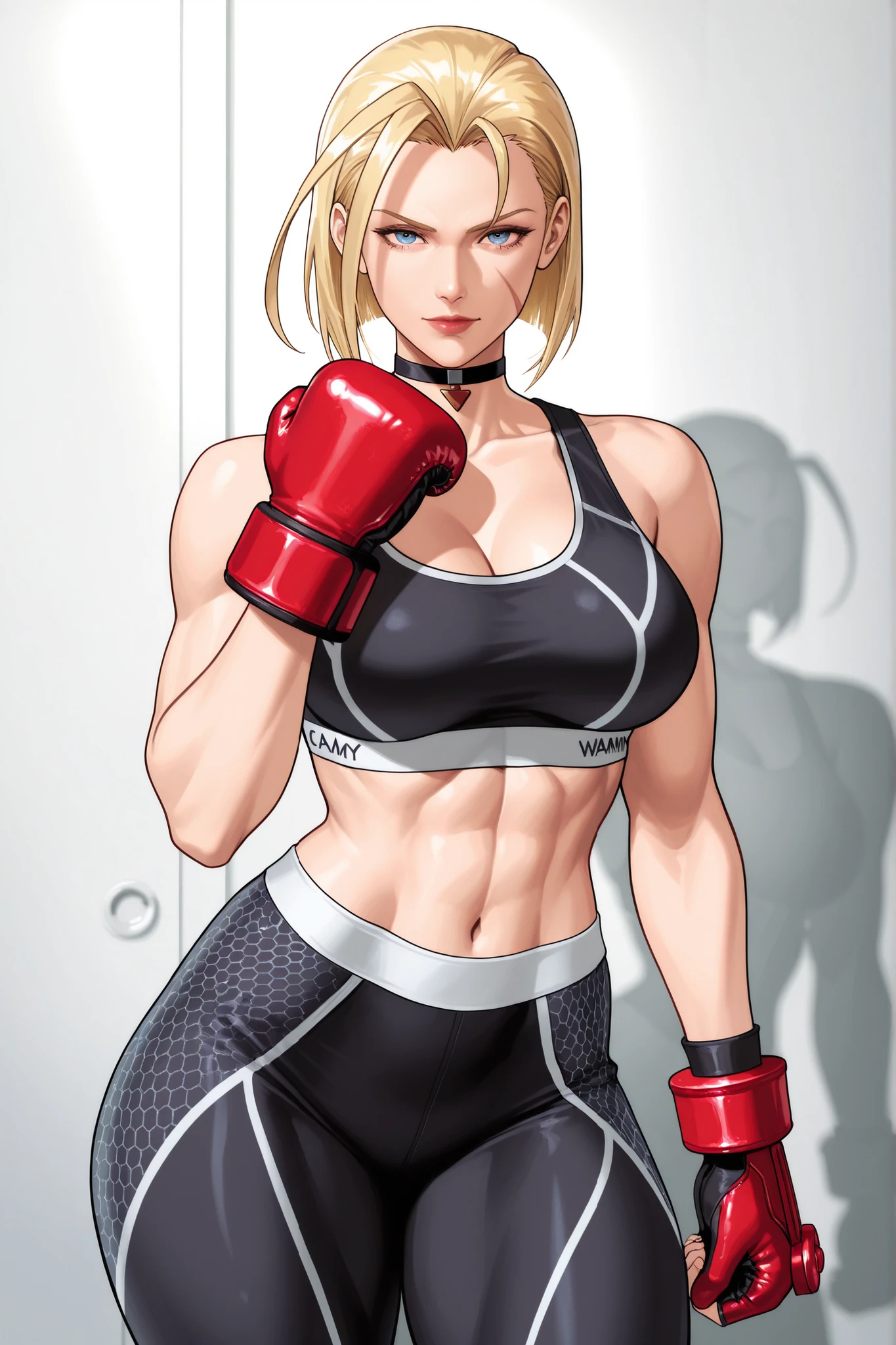 cammy white, blue eyes, scar on face, blonde hair, short hair, huge ahoge, choker, black sports bra, black leggins, red boxing gloves, 
 thick thighs,  adult face, looking at viewer , direct look, forward, adult face, beautiful, detailed, adult mature face, facing ForwRD,  20 years old,  woman,
