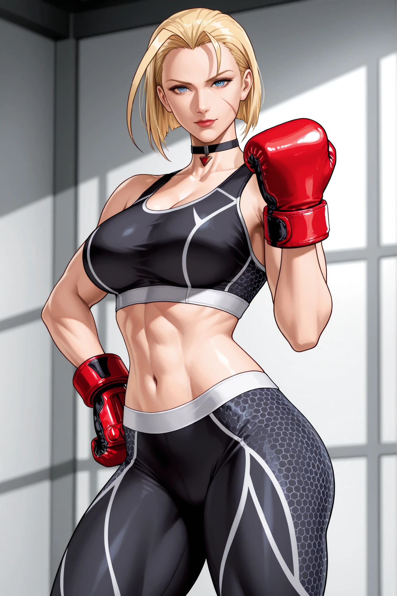 cammy white, blue eyes, scar on face, blonde hair, short hair, huge ahoge, choker, black sports bra, black leggins, red boxing gloves, 
 thick thighs,  adult face, looking at viewer , direct look, forward, adult face, beautiful, detailed, adult mature face, facing ForwRD,  20 years old,  woman,