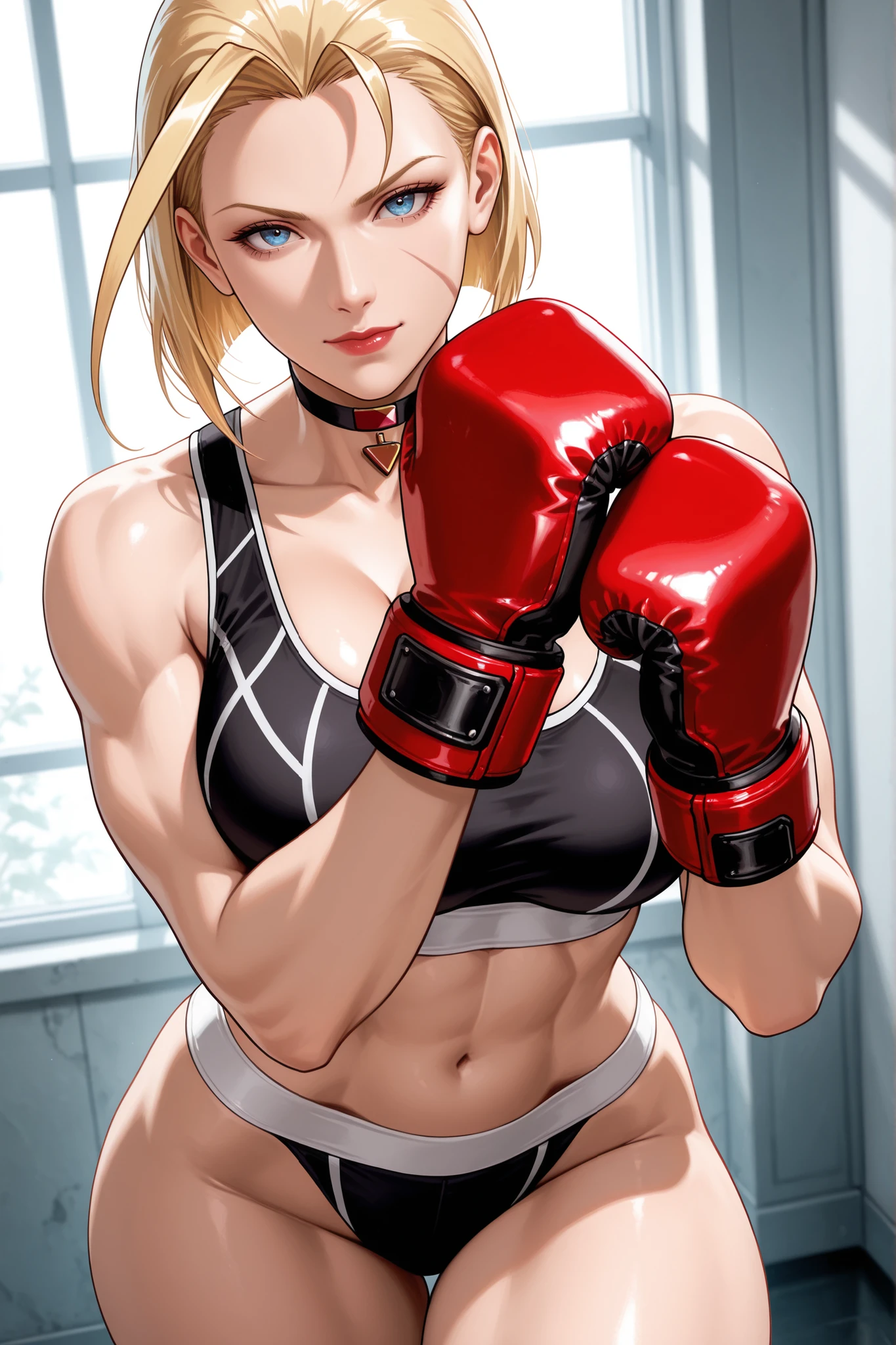 cammy white, blue eyes, scar on face, blonde hair, short hair, huge ahoge, choker, black sports bra, black leggins, red boxing gloves, 
 thick thighs,  adult face, looking at viewer , direct look, forward, adult face, beautiful, detailed, adult mature face, facing ForwRD, ,close up, 20 years old,  woman,