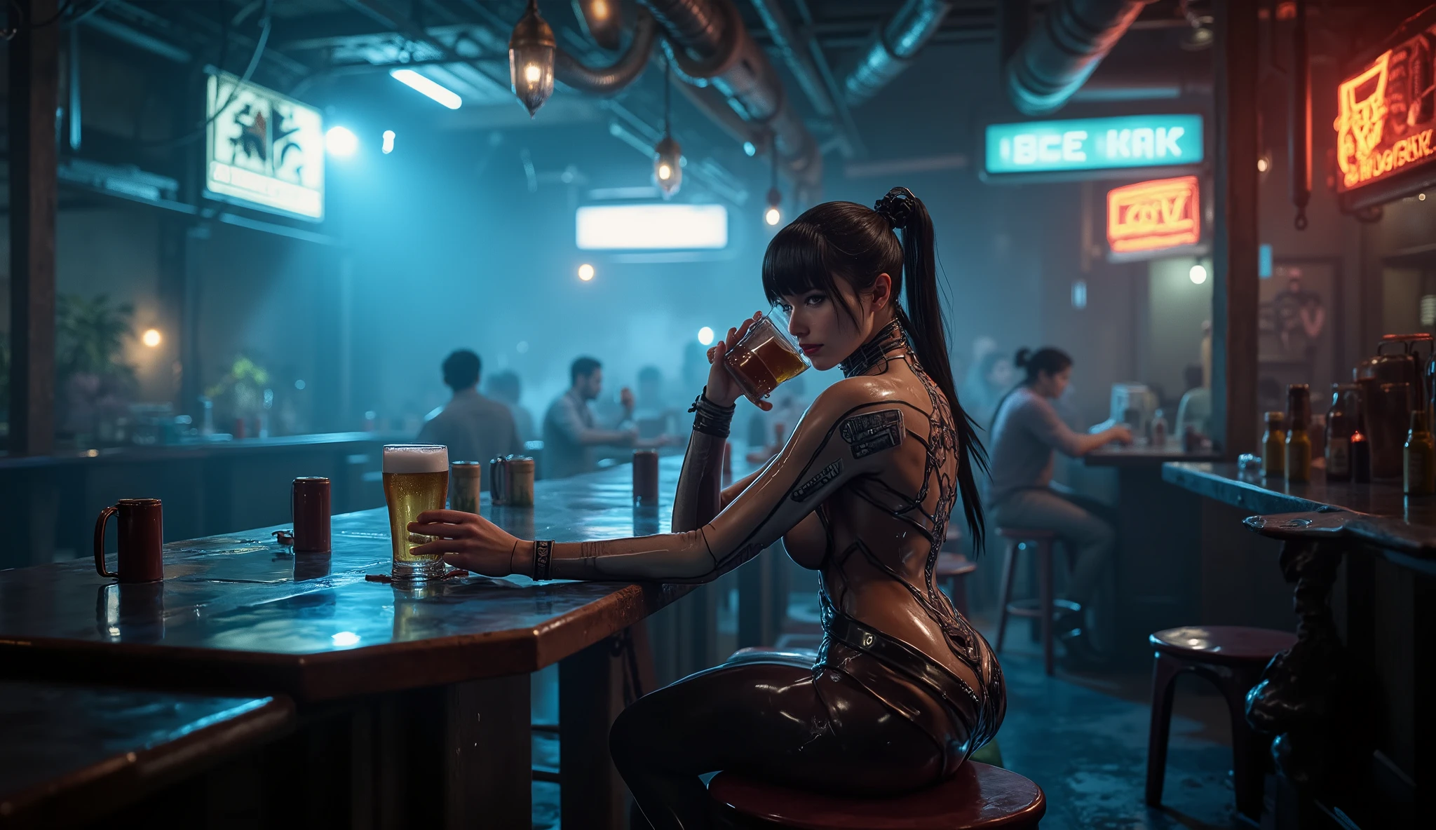 Eve from StellarBlade drinks a beer in a bar