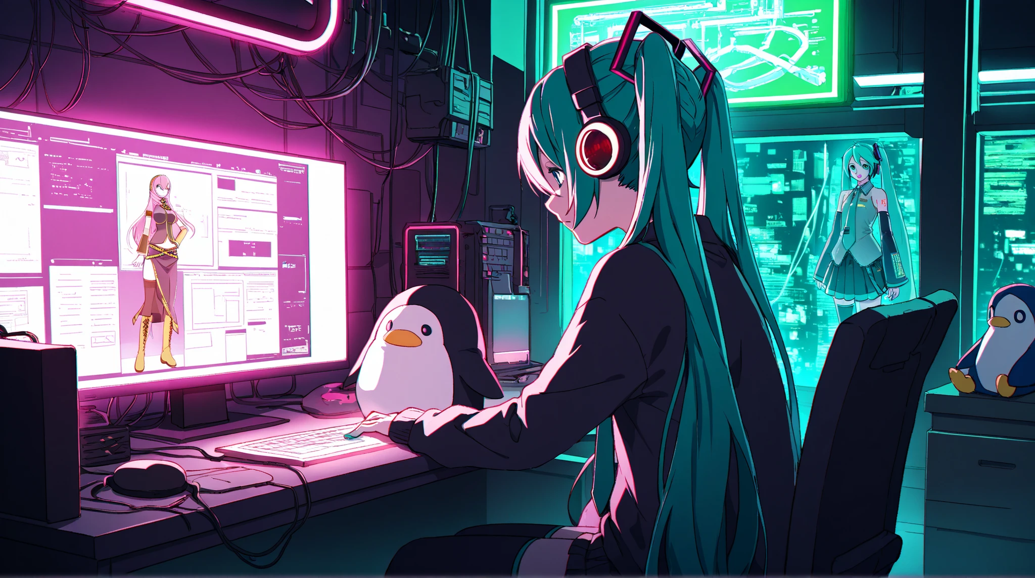 Hatsune Miku,Megurine Luka, headphones over green,hacker,sit at the desk,while working on a computer,neon light,Cinematic,cyberpunk,stuffed penguin