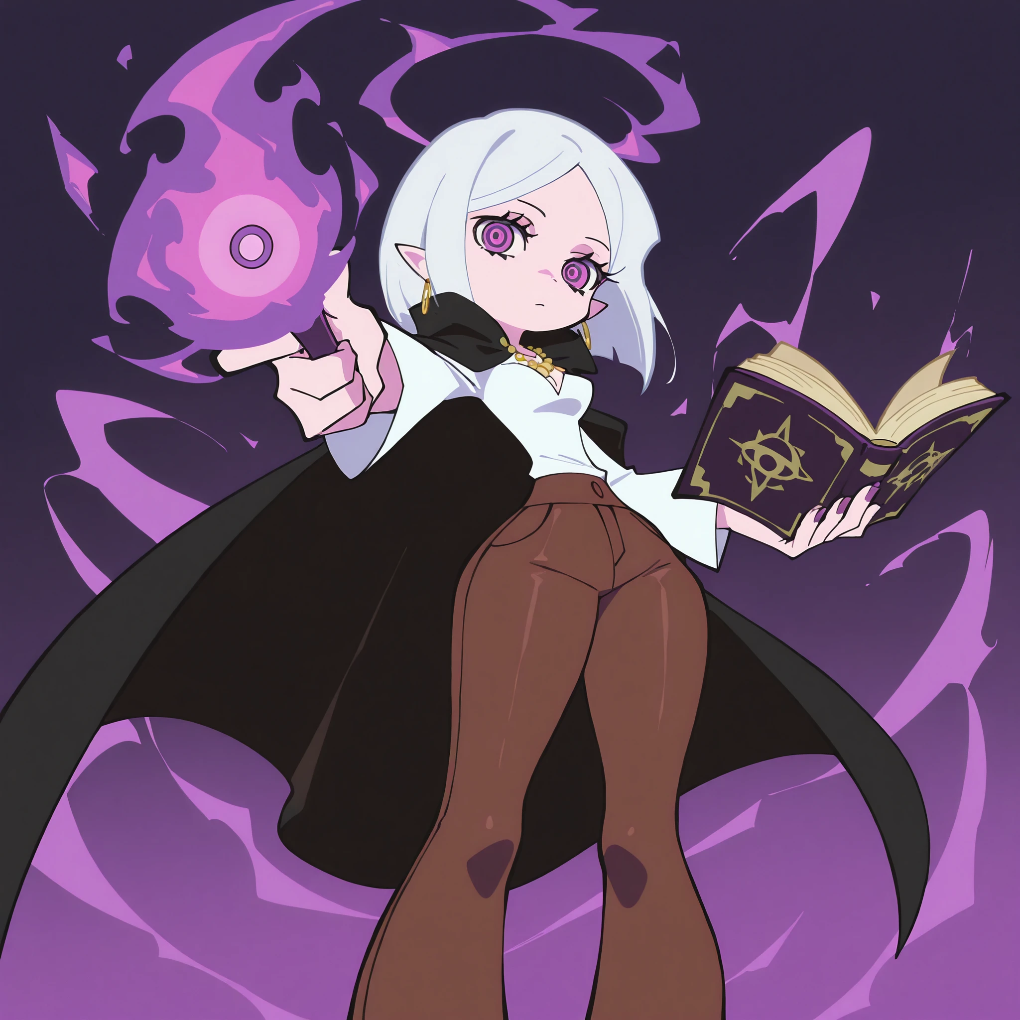 masterpiece, ultra-HD, impressionism, high detail, best quality, very aesthetic, 8K, best quality, beautiful, ultra-high resolution, 32K UHD, psg, 1girl, solo, short white hair, parted bangs, bob cut, purple eyes, pointy ears, almond-shaped eyes, eyelashes, circled eyes, ringed eyes, glowing eyes, medium breasts, wide hips, narrow waist, thick thighs, shapely legs, slim, white blouse, brown pants, black cloak, necklace, earrings, holding a magic grimoire, expressionless, purple magic aura, pointing at the viewer, standing, looking at the viewer, simple background, front view