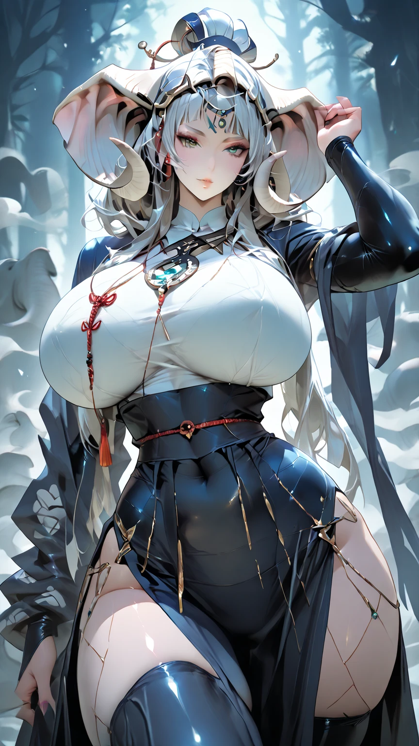 Best quality at best, masterpiece, A high resolution, 8k UHD resolution、intricate-detail、top-quality、ultra-detailliert、The best lighting、Best Shadows、Soft lighting、Ultra HD，(no headwear),skadiCH hairstyle, outfit-skadiCH, 1girl, solo, long hair, red eyes, very long hair, ???????????, bangs,  hair between eyes, white hair, thighs, grey hair, sea color gradient background, Brave，28 years old，no-worry look，confident