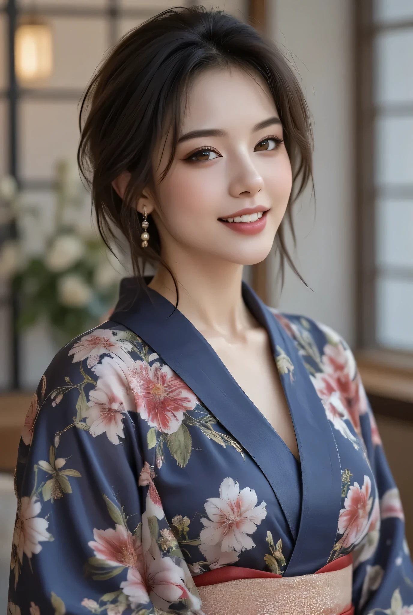 Sophisticated woman in high-end traditional Japanese restaurant private room, floral navy blue elegant kimono, perfectly fitted premium fabric, alluring smile with flawless white teeth, clear brown eyes, modern hairstyle, crimson obi and accessories, cowboy shot above knee, evening Japanese garden view through shoji screens, photorealistic texture blending tradition and modernity