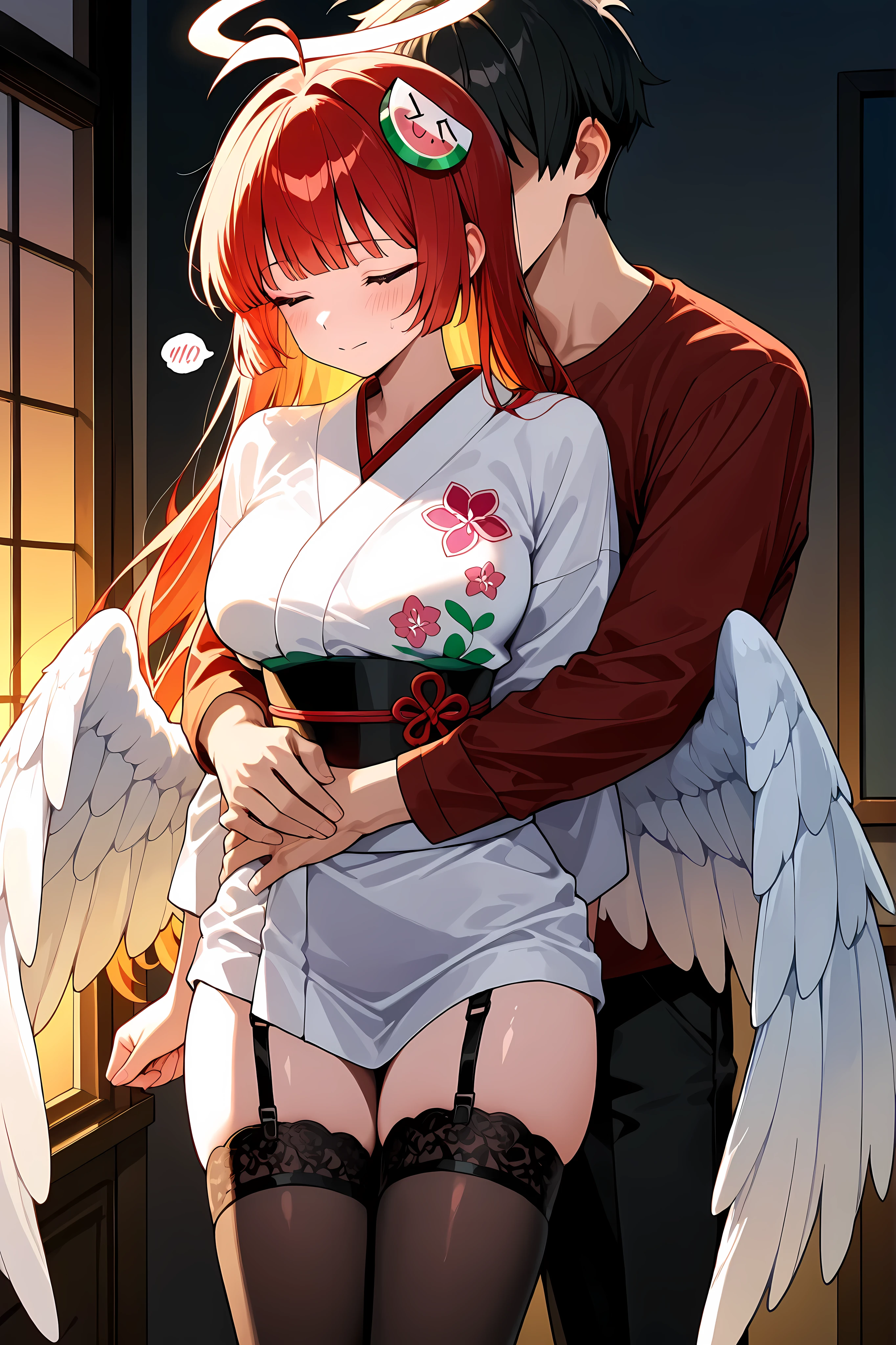 Highest Quality , masterpiece , ultra high res , A gentle embrace , Dusk Light , Inspiring Moments , soft expression , two people snuggling up , boy and girl , boy holding a girl from behind, warm atmosphere. Girl: Vannamelon, beautiful angel,「garter angel」parody anime illustration、has fluffy wings and a shining afterlight、with a white kimono、a parody atmosphere that mixes sanctity and playfulness {x} garter belt stockings are comically emphasized。god々wrapped in shining light、That garter stands out strangely and、god聖さとおふざけ感が混じり合ったパロディ的な雰囲気。Boy: An average boy with black pants and red shirt