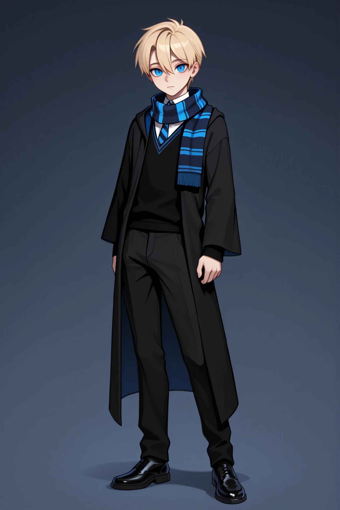 score_9, score_8_up, score_7_up, best quality, masterpiece, 4k resolution, 1boy, solo, youthful, full body, blonde hair, clean hair, tidy hair, neat hair, bangs, parted bangs, hair between eyes, short hair, blue eyes, sharp eyes, looking at viewer, confident posture, hogwarts uniform, ravenclaw, black robe, necktie, striped necktie, collared shirt, sweater, black pants, black sweater, dark blue scarf, wrapped scarf, black shoes, calm expression, cool expression,