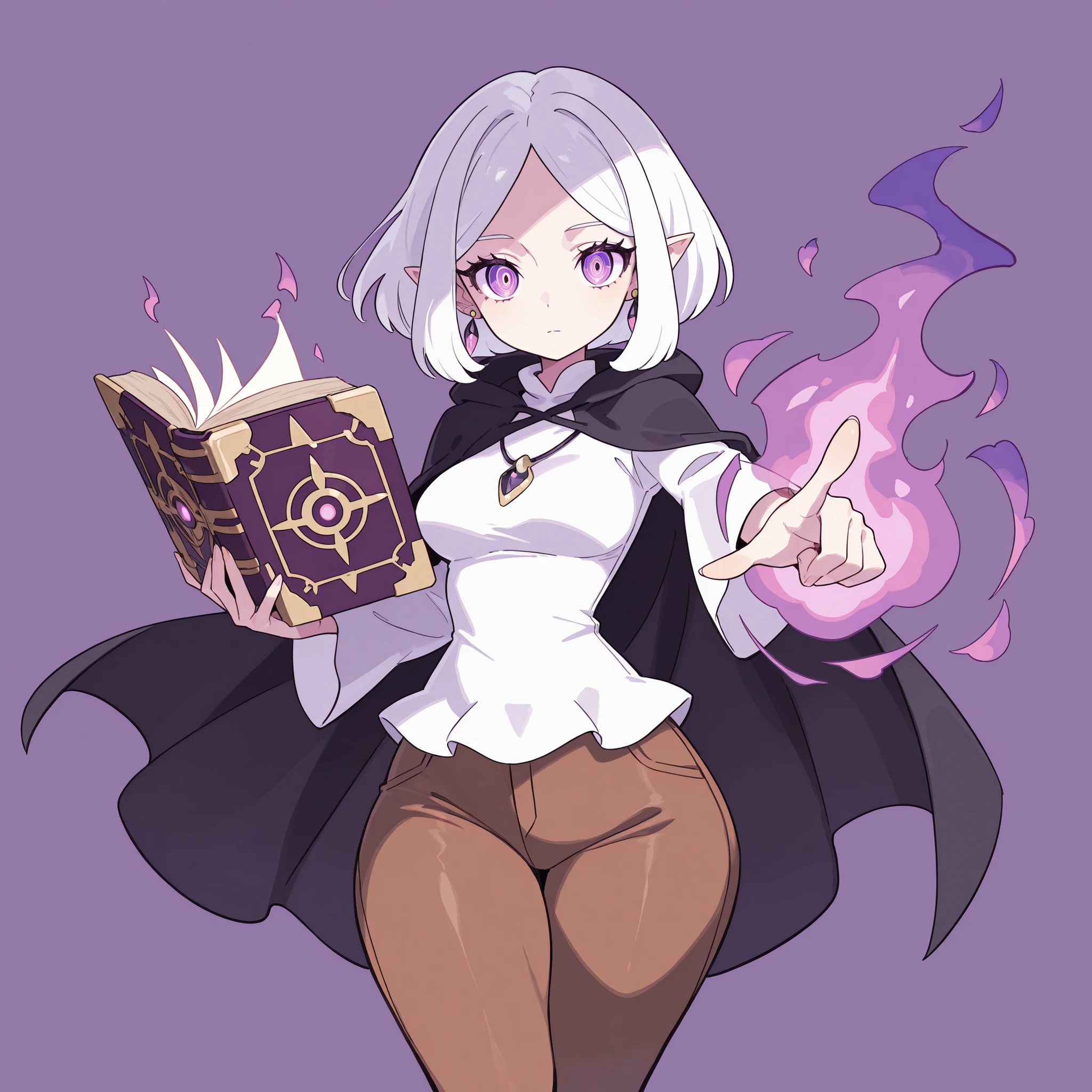 masterpiece, ultra-HD, impressionism, high detail, best quality, very aesthetic, 8K, best quality, beautiful, ultra-high resolution, 32K UHD, sugimorixd, 1girl, solo, short white hair, parted bangs, bob cut, purple eyes, pointy ears, almond-shaped eyes, eyelashes, circled eyes, ringed eyes, glowing eyes, medium breasts, wide hips, narrow waist, thick thighs, shapely legs, slim, white blouse, brown pants, black cloak, necklace, earrings, holding a magic grimoire, expressionless, purple magic aura, purple fire, pointing at the viewer, standing, looking at the viewer, simple background, front view