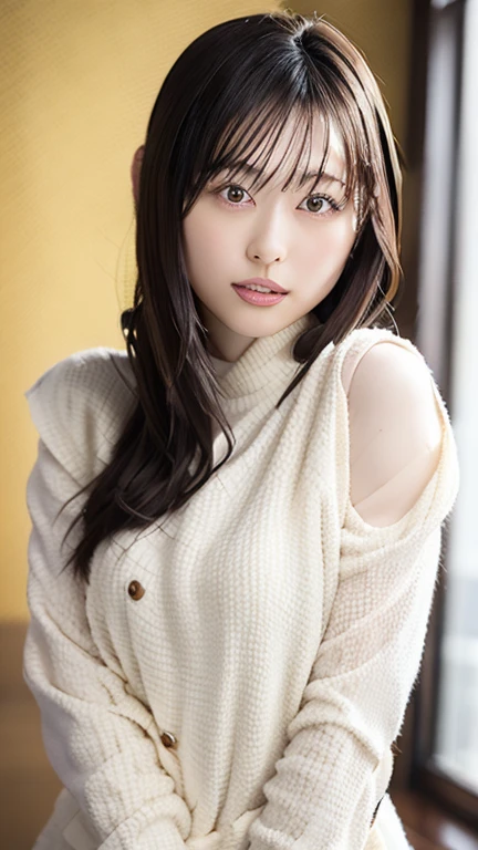 masterpiece, Best Quality, Illustration, Ultra-detailed, finely detail, hight resolution, 8K Wallpaper, Perfect dynamic composition, Beautiful detailed eyes, Tight Mini,Medium Hair,large breasts,Natural Color Lip, Randomly sexy poses,Harajuku、20 years girl、Cute、Sexy shot looking at camera,Cute long-sleeved dress,Slender face,Slender body,Background blur