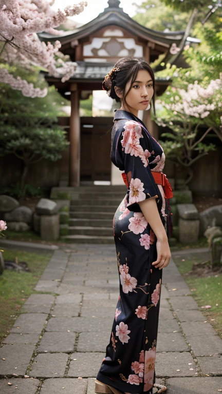European girl wearing kimono
 sitting with legs closed under the cherry blossom tree