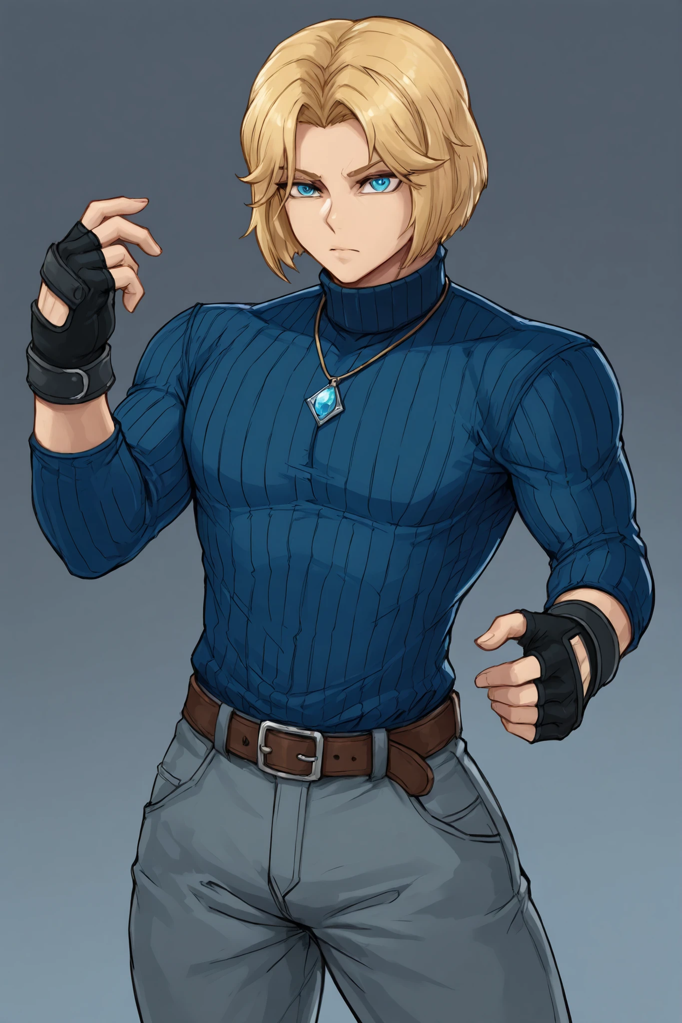 BlueMary, short hair, blue eyes, pants, male, turtleneck, belt, large breasts, necklace,fingerless gloves, genderbend male