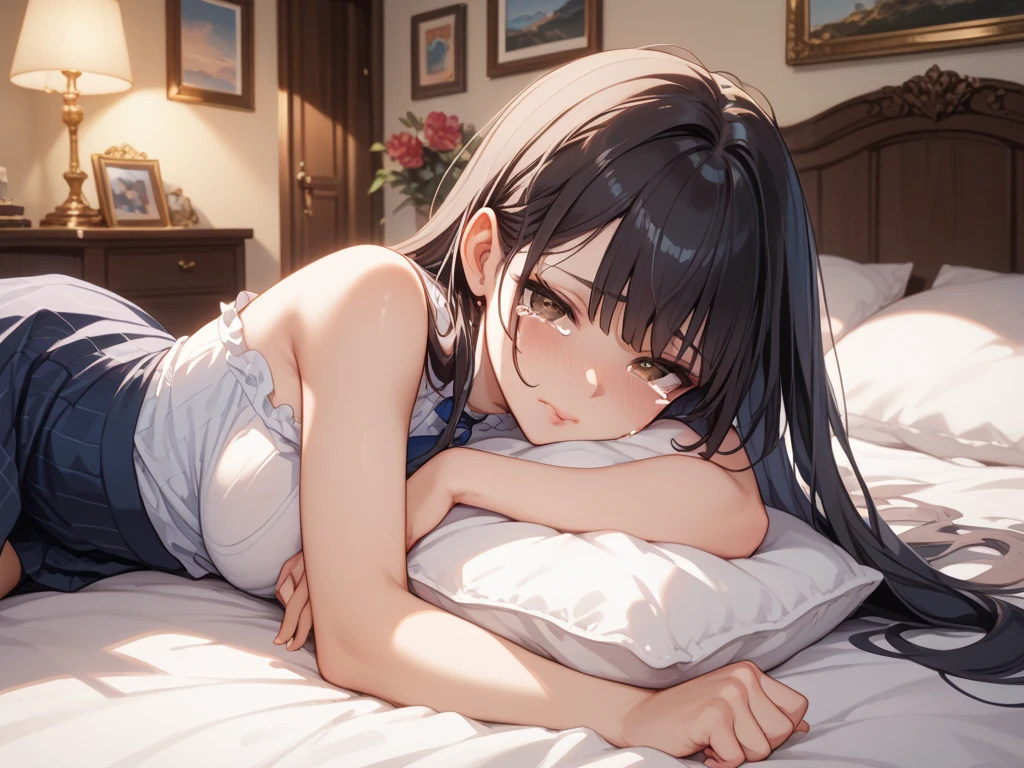 Masterpiece, Best Quality, Official Art, (Highly Detailed CG Unity 8k wallpaper), Detailed background, (Hands by Guido Daniele: 1.1), Feet out of frame, First Person View, 1, Beautiful woman who attractive and perfect, Lying face down on the bed, Turning back, (Curvaceous), (((Sleepy: 1.14))), ( sticking out, Pajamas, Sleepwear, , White thighs: 1.12), ( Brown Long Hair: 1.12), (Ahoge: 1.13), (High Ponytail: 1.12), (Green Eyes: 1.13), Look at the Beholder, Big, (), Beautiful Face, (Blush: 1.11), (Smile: 1.11)