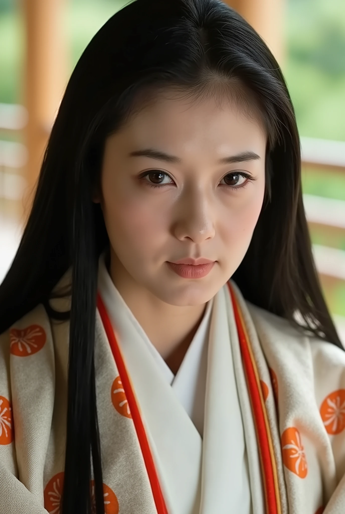 A high resolution close-up portrait photograph of a Japanese adult woman wearing 12hitoe, from the edo era, sitting on a veranda in Japanese traditional castle.
Her hairstyle is black long hair parted middle with hime-cut style.
(She glares slightly in a villainous expression on her face:1.2).
in the background there is the Japanese garden.
The image depicts skin texture style, detailed face, detailed eyes and sophisticated nose.
The amazing quality, extreme details, intricate details, sharp focus, rich contrast and use of professional lighting techniques make this photograph a masterpiece.