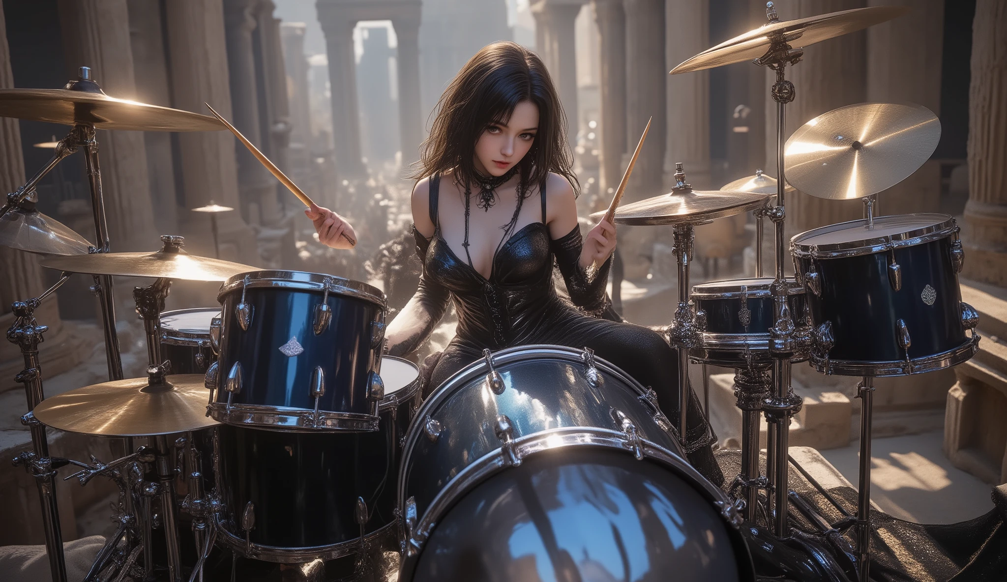 ultra detailed, absolutely resolution, masterpiece, a very beautiful female heavy metal drummer, (drum set, with two bass drums, one snare drum, ten toms, a floor tom, and twenty iridescent, plated cymbals of various sizes), wearing their own gothic stage costumes in black and personal colors with a unique fashion sense, playing drum solo, outstanding technique, performing intensely, with ancient Greek and Roman amphitheaters in the background, countless spotlights, highly detailed, sharp focus, vibrant colors, soft lighting, cinematic composition