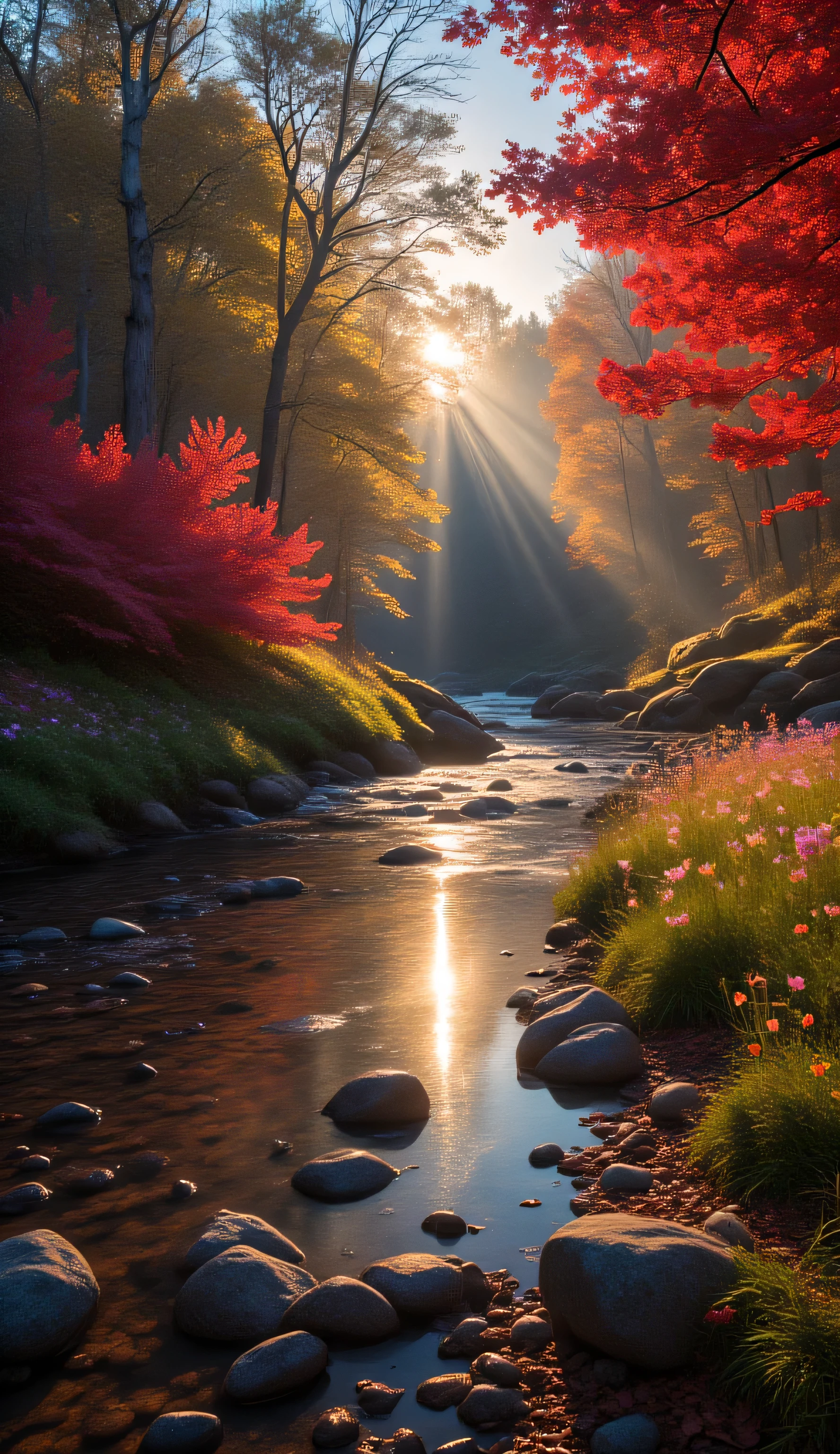 Serene autumn brook with transparent waters, magnificent scarlet sugar maple, honey-colored aspen, and rust-colored elm standing sentinel, delicate autumn crocuses and late blooming asters along water's edge, dramatic sun rays creating natural spotlight effects, fallen leaves floating on water surface, perfect nature photography, ultra HDR, shot on Nikon D850
