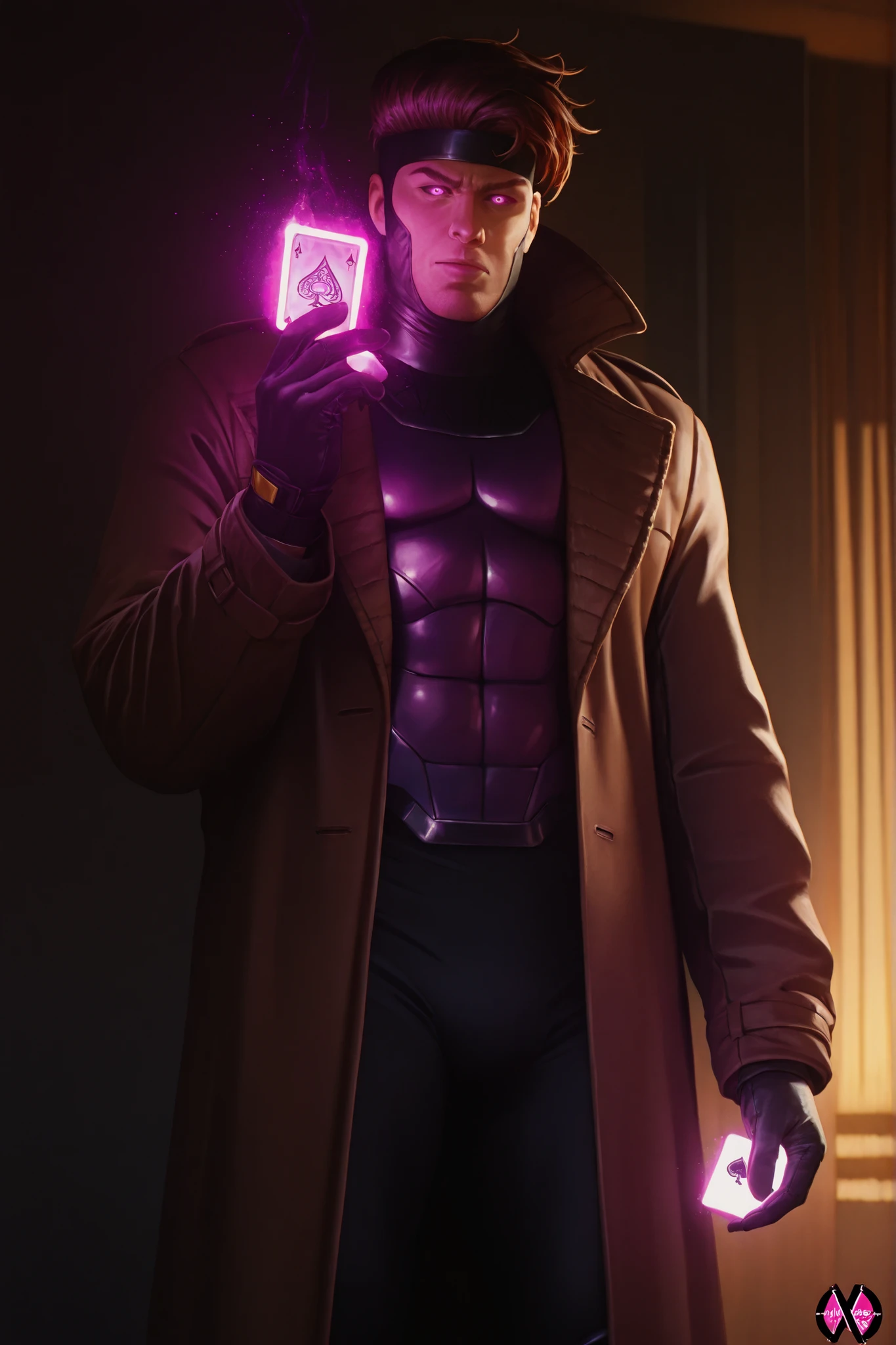 a detailed portrait of gambit, a professional thief and mutant with the ability to charge physical objects with kinetic energy, standing in a gritty urban setting, wearing his signature brown trenchcoat and gloves, with his signature playing card in hand, intense expression on his face, dramatic lighting, cinematic composition, chiaroscuro lighting, dark and moody atmosphere, 4k, high resolution, photorealistic, detailed facial features, sharp focus, physically-based rendering, vivid colors, dramatic shadows