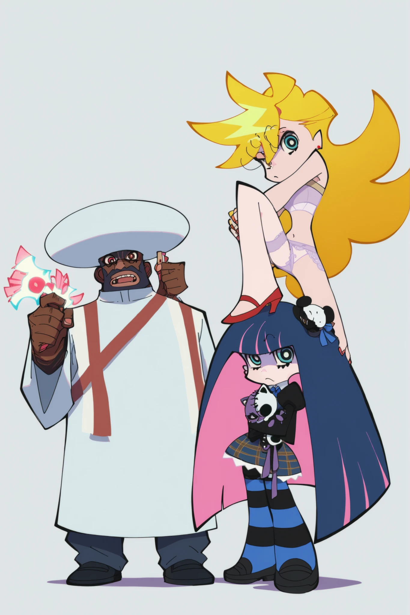 p&s style, garter, stocking, panty, panty_&_stocking_with_garterbelt, 2girls in foreground, 1man in background, looking at viewer, dynamic pose, holding weapons, simple background