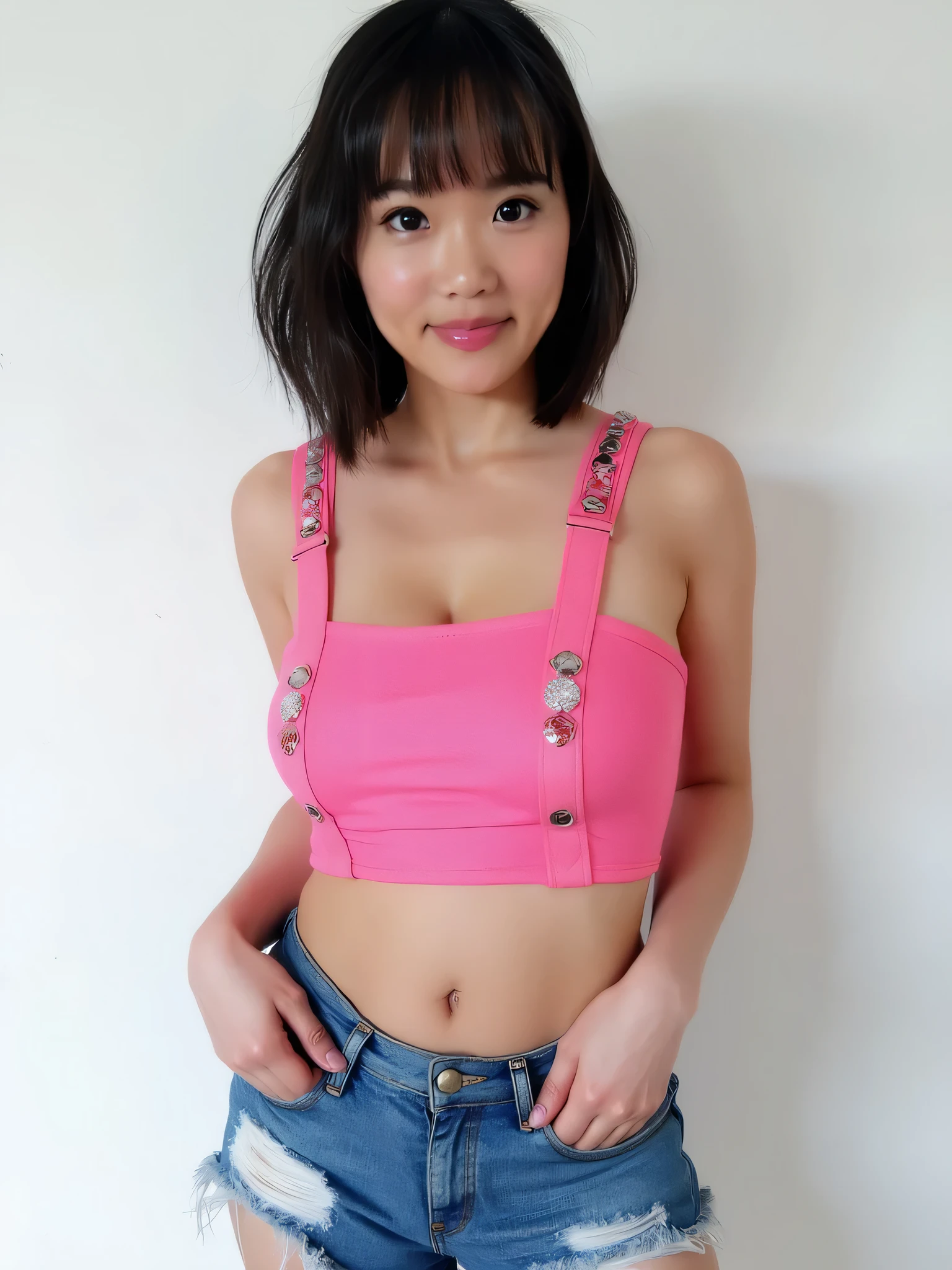 Hyper-realistic studio portrait of a young woman with short, softly wavy black hair, natural makeup, and smooth glowing skin, standing in front of a clean white background. She wears a tight, vibrant pink cropped top with jeweled connectors and distressed denim shorts partially unzipped. The scene is enhanced with a glossy finish effect, where fabrics and surfaces reflect subtle highlights, producing a polished, high-definition look. Colors appear rich and vibrant, with skin texture preserved while maintaining a sleek, glossy aesthetic for a refined photorealistic result.