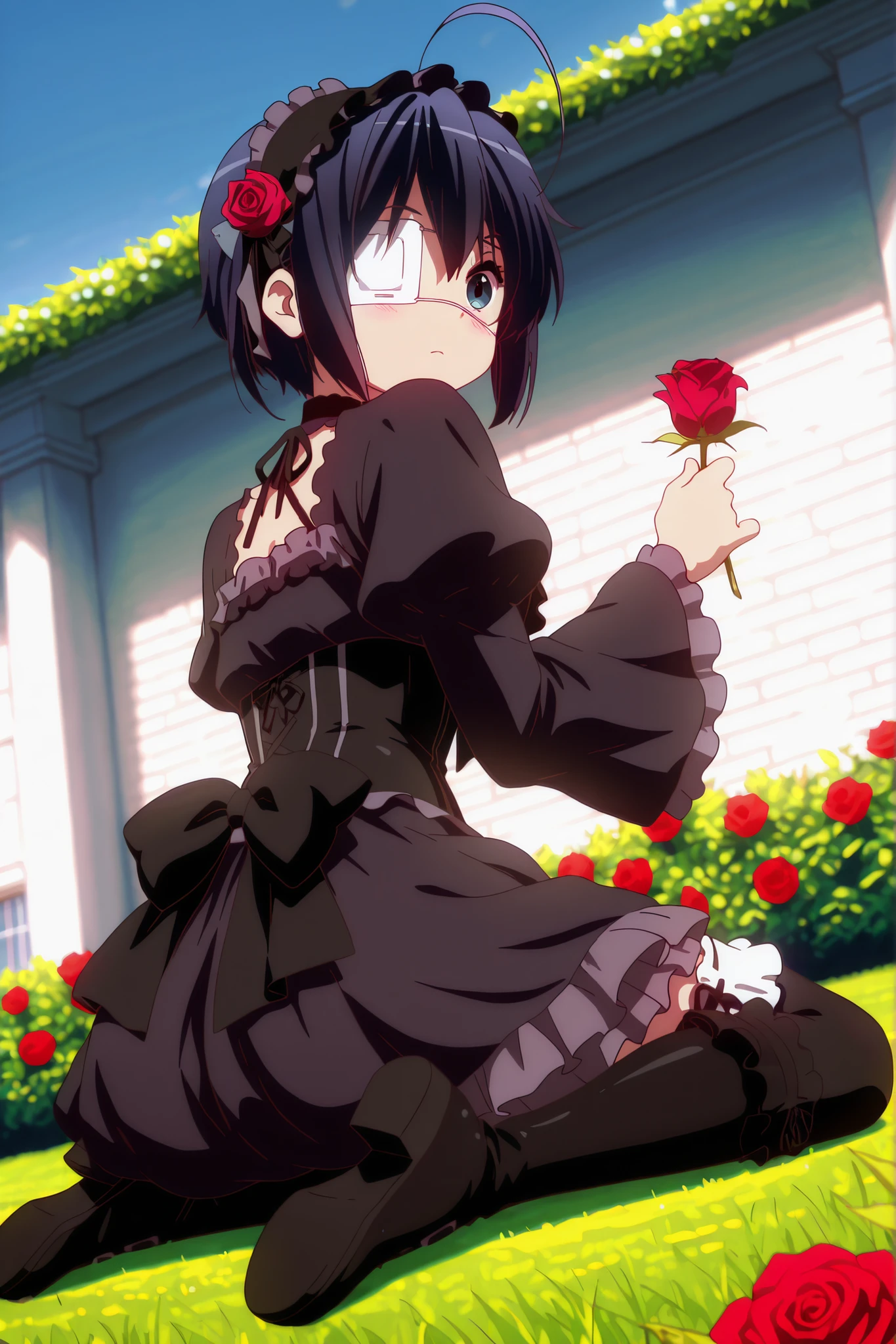 8K,HDR,best quality, high quality,amazing quality,highly detailed,ultra detailed,high resolution, absurdres, newest,(anime screencap:1),(anime coloring:1),(anime style:1),perfect eyes,detail1eye,well-defined fingers,(perfect anatomy:1), (perfect fingers,5 fingers:1),full body,from behind,from below,
BREAK
1girl,solo,"takanashi_rikka \ (chuunibyou_demo_koi_ga_shitai! \)",Rikka Takanashi,"eye patch,white medical eyepatch",
{{mature famele}},
BREAK
gothic lolita,frill headdress,black headdress,black boots,short boots,
BREAK
joyful,happy,(doyagao:0.5),light blush,wariza,sitting,looking back,{{holding red rose}},
BREAK outdoors,rose garden, rose flowers in background, rose flowers in forground, (arch of rose flowers in surroundings),blue sky
