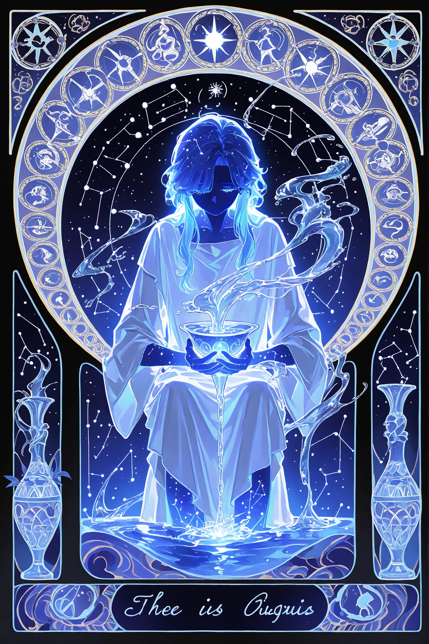 (glowing,xxx667_illu,)The constellation of Aquarius. The girl with the blue hair. She is wearing a Greek tunic. She is holding a marble vase from which water is pouring. (In the background: the starry sky of the zodiac signs in the Art Nouveau style. The sun and moon are on opposite sides of the sky.)