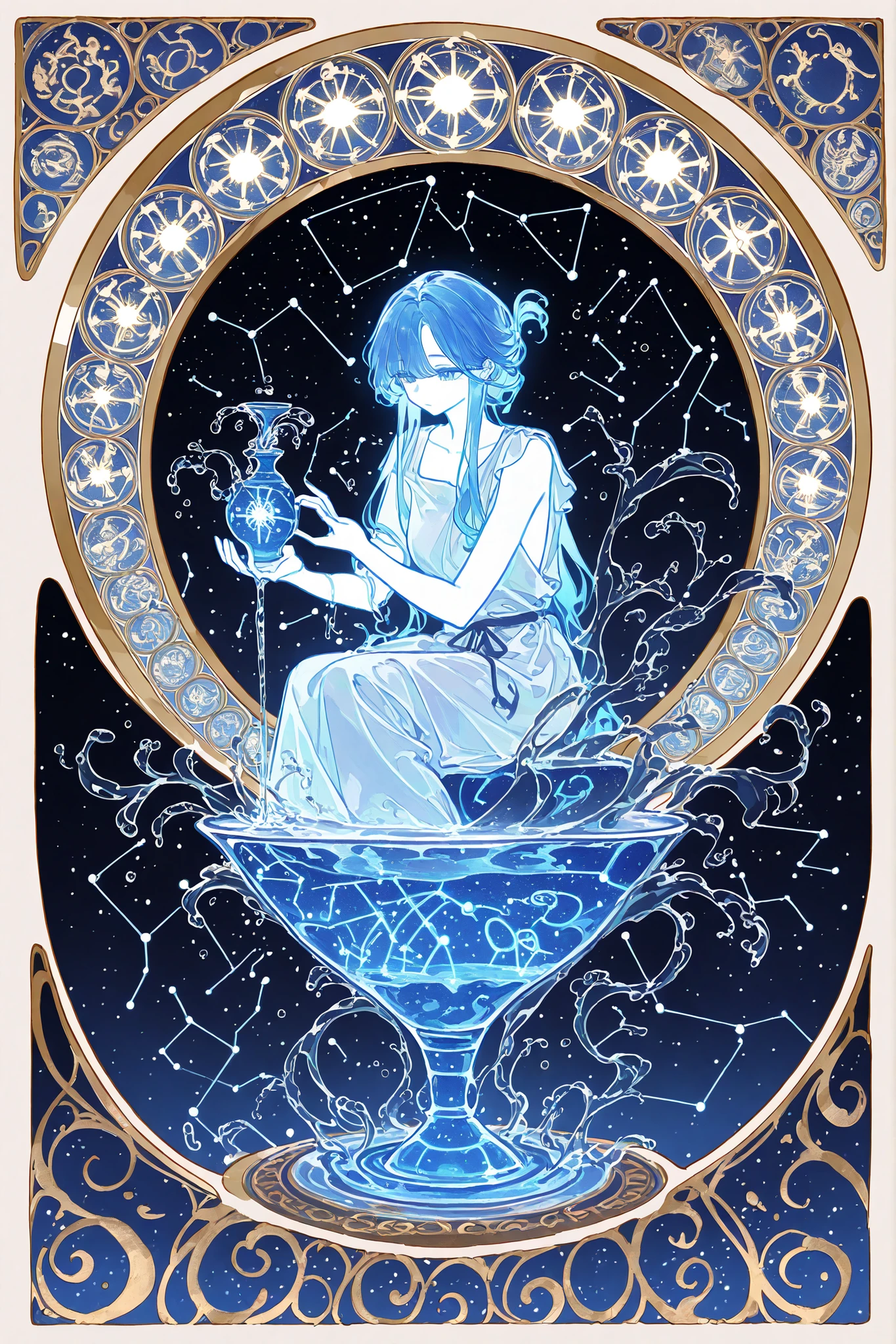 (glowing,xxx667_illu,)The constellation of Aquarius. The girl with the blue hair. She is wearing a Greek tunic. She is holding a marble vase from which water is pouring. (In the background: the starry sky of the zodiac signs in the Art Nouveau style. The sun and moon are on opposite sides of the sky.)