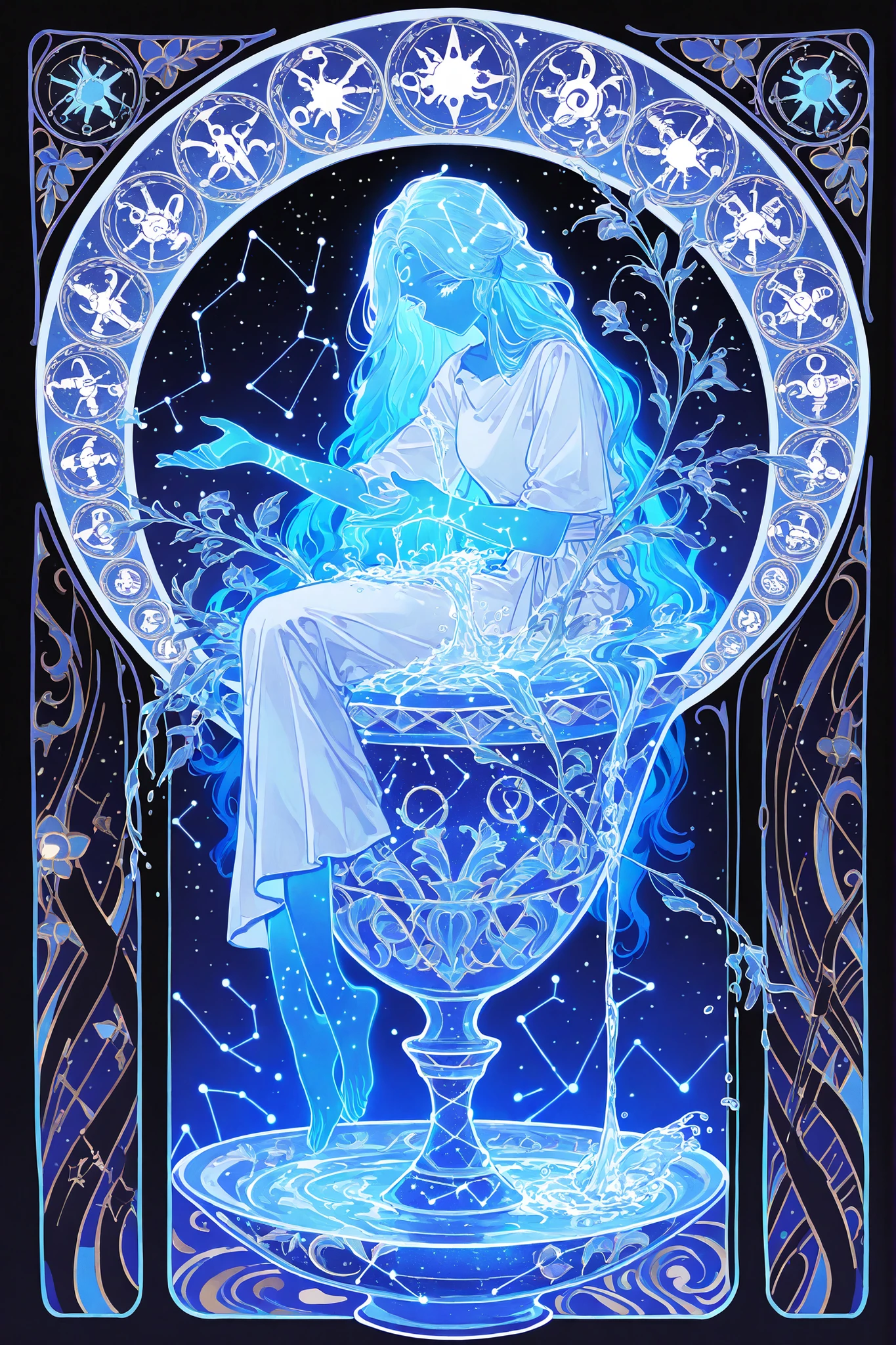 (glowing,xxx667_illu,)The constellation of Aquarius. The girl with the blue hair. She is wearing a Greek tunic. She is holding a marble vase from which water is pouring. (In the background: the starry sky of the zodiac signs in the Art Nouveau style. The sun and moon are on opposite sides of the sky.)