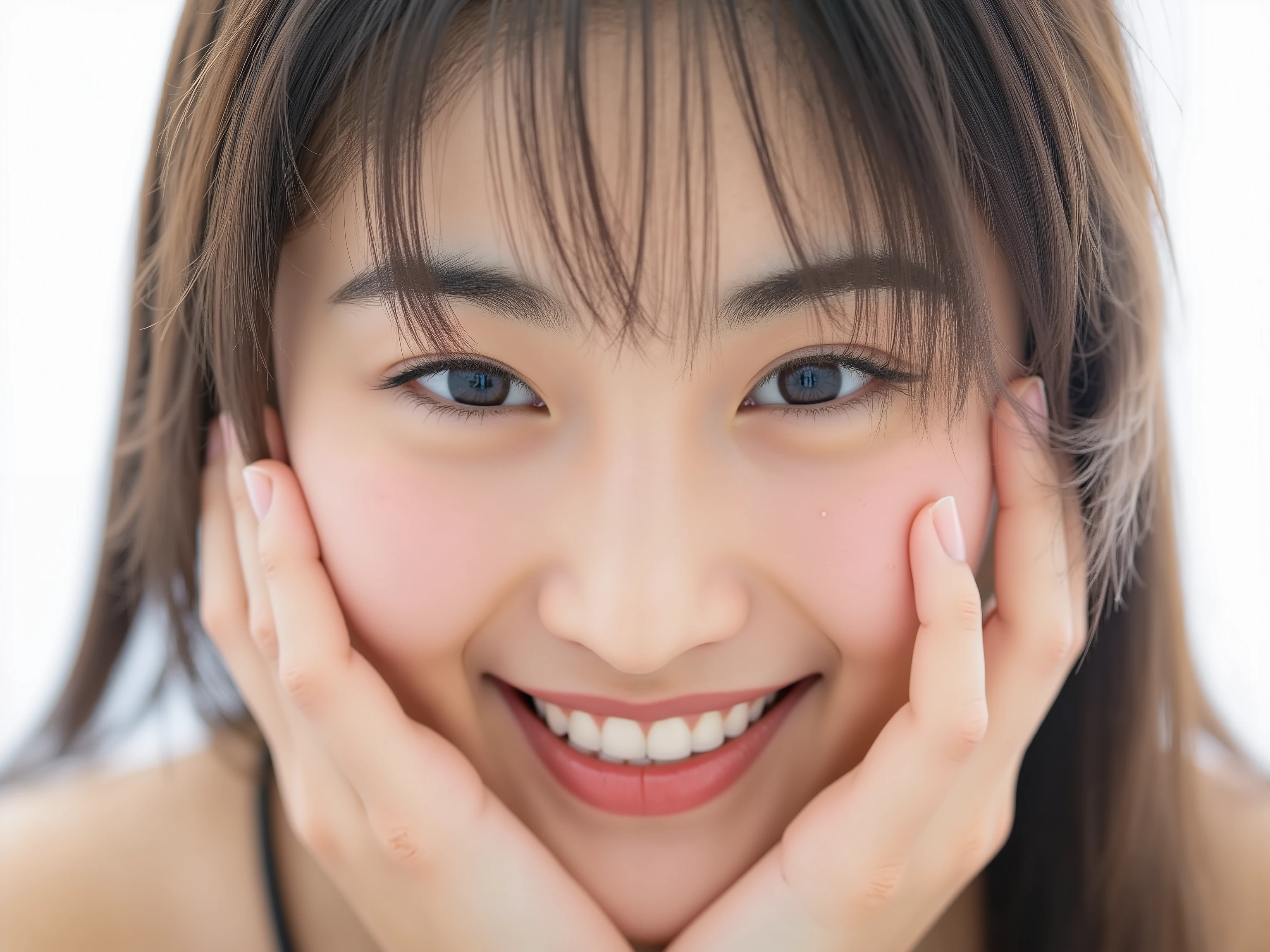 Ultra photorealistic close-up portrait of a beautiful Japanese woman,
upper-body shot, wearing a black outfit (completely out of frame, not visible),
shoulders and collarbone softly exposed,
both hands pressing her cheeks in a shy, lovestruck pose,
sparkling eyes gazing dreamily at the viewer with overwhelming affection,
cheeks blushing deeply with a sweet reddish glow,
soft glossy lips forming a tender, slightly pouty smile,
expression melting with love, playful, dreamy, adorably bashful,
purely cute and lovestruck, overflowing with affection and warmth,
smooth glowing skin texture with delicate details,
hair softly framing her blushing face, slightly tousled,
background pure white with gentle blur,
(masterpiece, best quality, high resolution, intimate romantic close-up, cinematic magazine cover style)