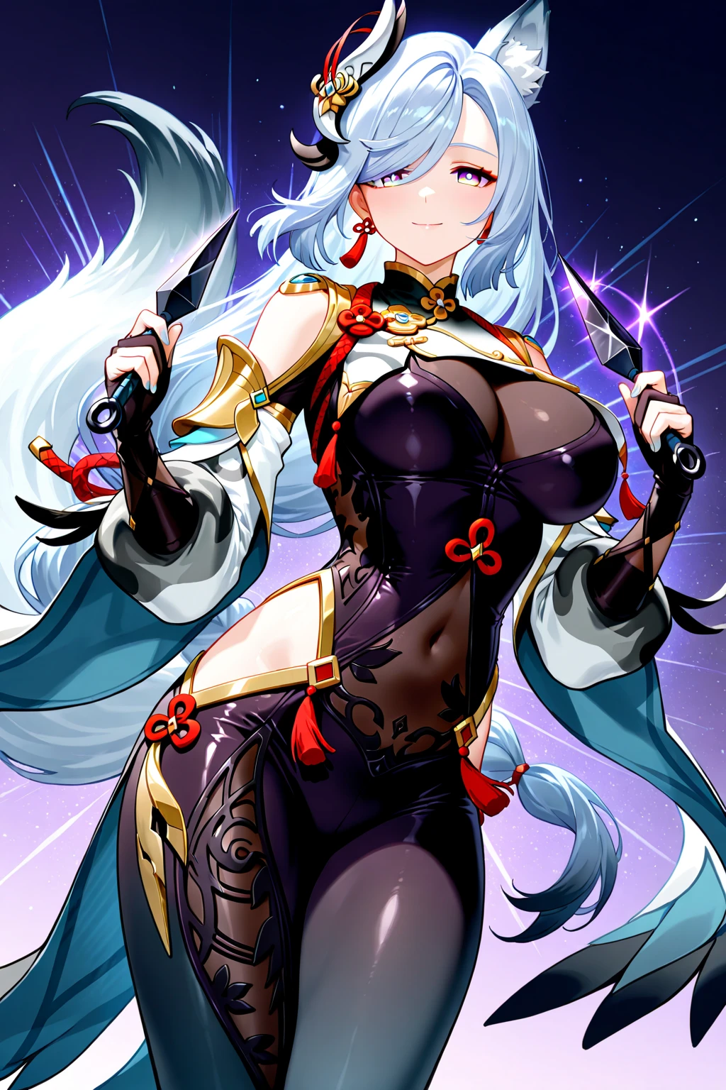 S3rd, 3rdSwimwear, 1girl, weapon, sword, solo, katana, holding, flaming weapon, flaming sword, smile, dual wielding, looking at viewer, fire, blue fire, holding sword, holding weapon
 <lora:FGOTomoeV1:0.8>