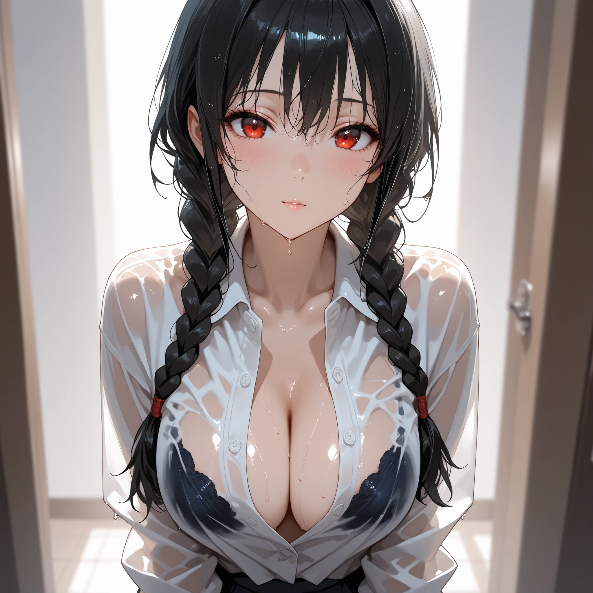 (masterpiece, best quality), deep ebony 1girl, beautiful face, freely hanging braids, white unbuttoned shirt, thin fabric, wet